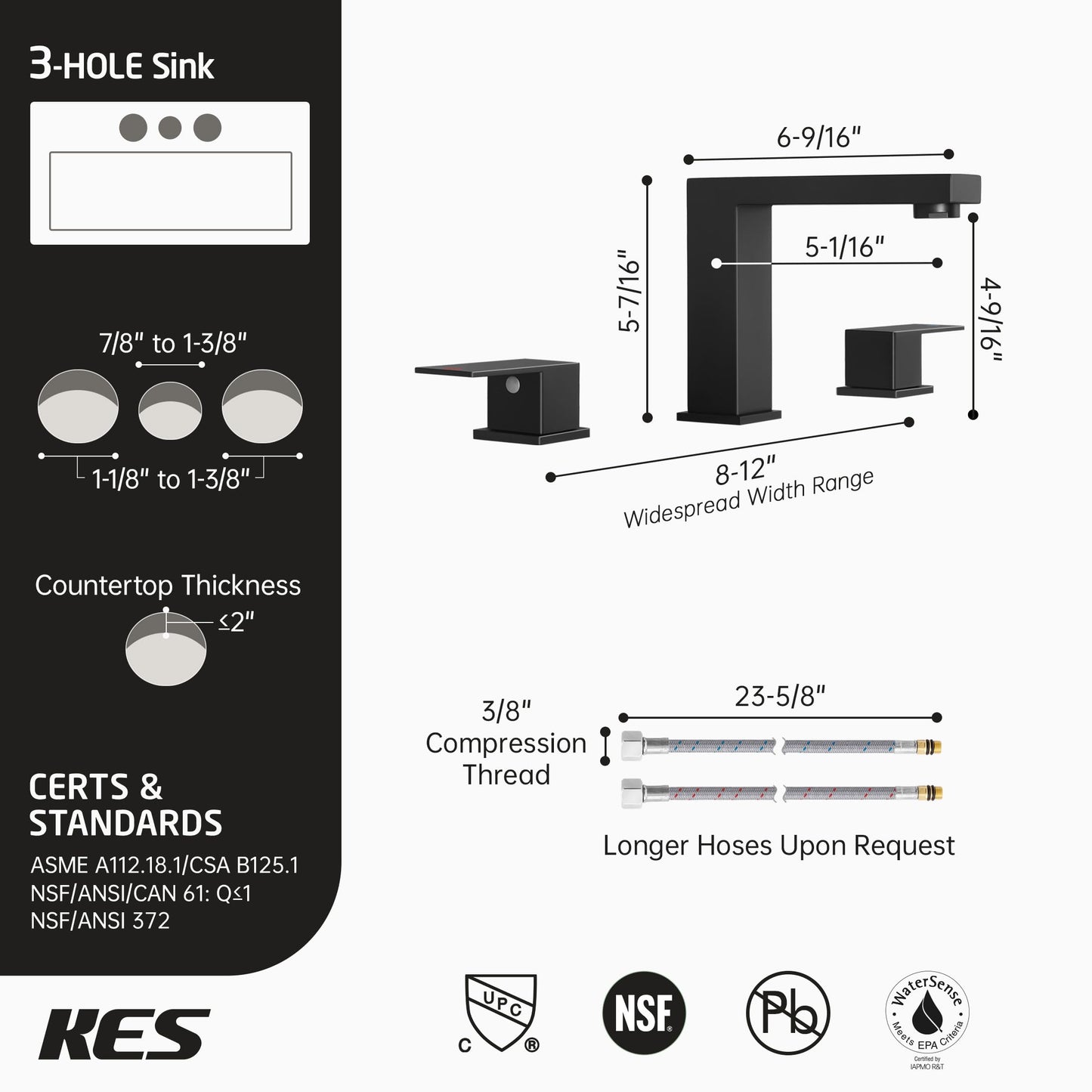 KES All Metal Black Bathroom Faucets 8 Inch, Widespread Bathroom Sink Faucet, 3 Hole Vanity Faucet with Supply Hoses, SUS 304 Stainless Steel Matte Black, L4350LFF12-BK