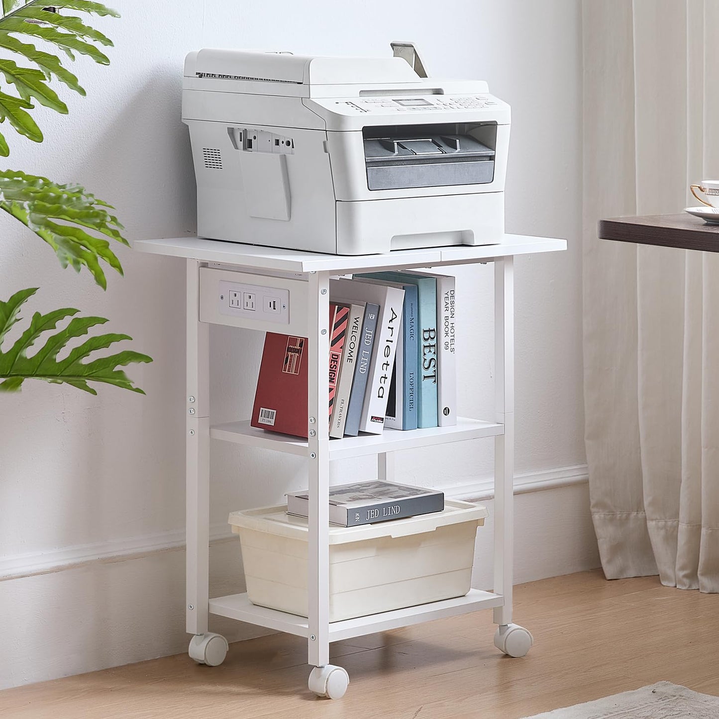Lerliuo 3-Tier Printer Stand with Charging Station, Industrial Mobile Printer Table with Storage Shelf and Steel Frame, Rolling Printer Cart Holder with Lockable Wheels for Home, Office (White)