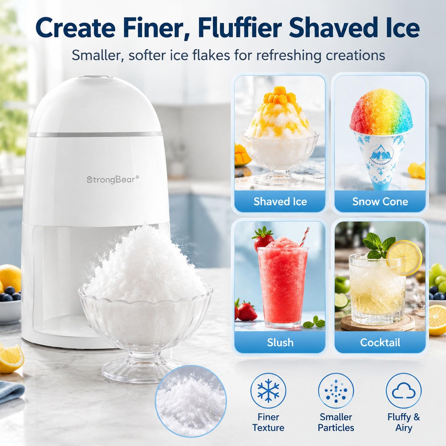 StrongBear Snow Cone Shaved Ice Machine, Electric Ice Shaver Slushie Machine, Snowcone Maker for Kids Birthday Party, House Warming Gifts New Home, Kitchen Gift Ideas, White