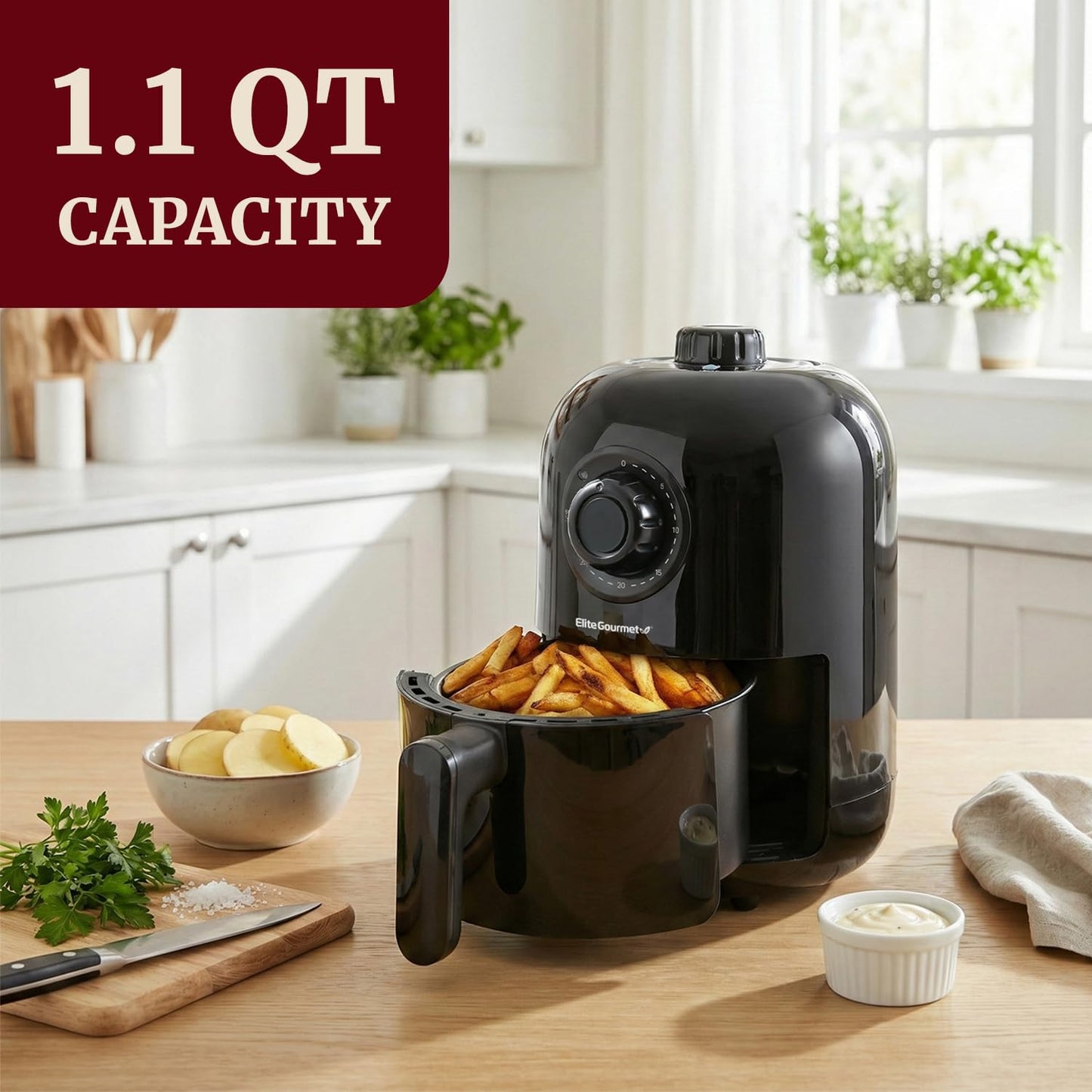 Elite Gourmet EAF-1121X Personal 1.1 Qt. Compact Space Saving Electric Hot Air Fryer Oil-Less Healthy Cooker, Timer & Temperature Controls, 1000W Black