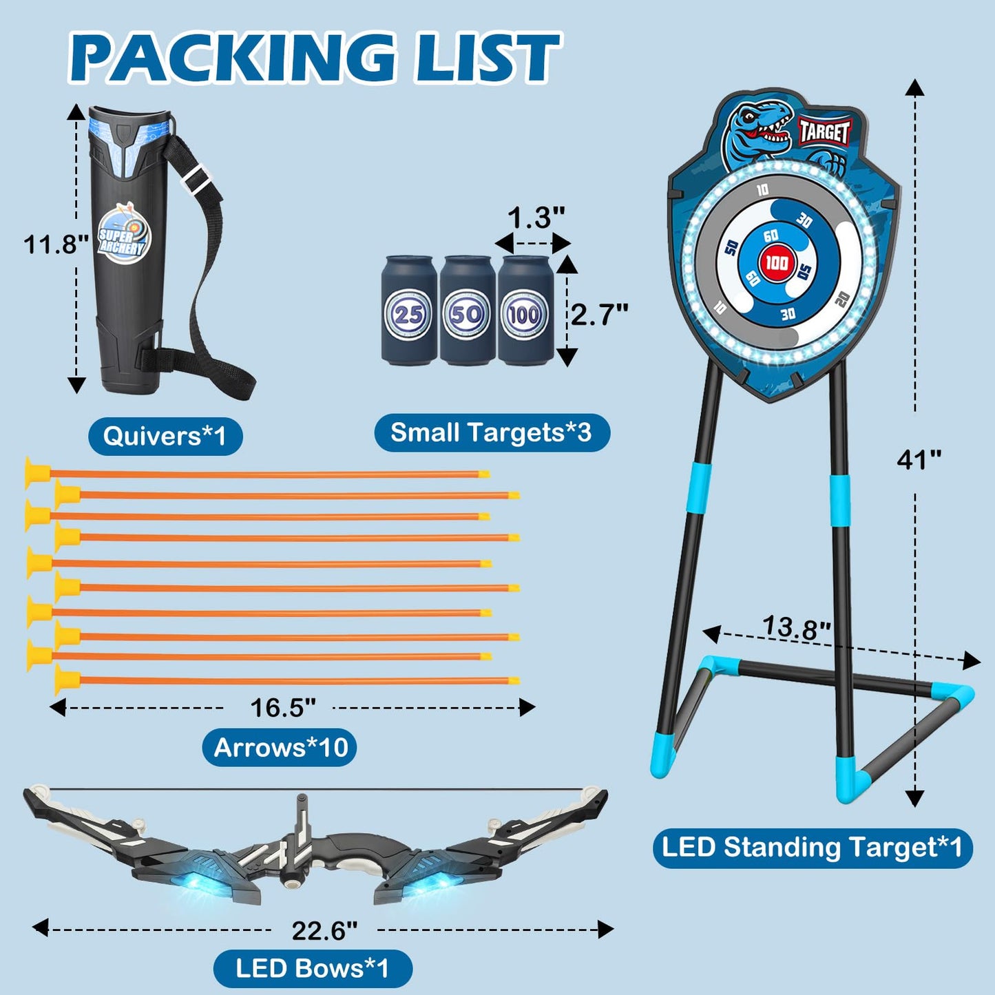 Kids LED Standing Archery Set with Bow & Arrows – Outdoor Sports Toy for Boys & Girls Ages 4-12, Safe & Fun Target Practice Game, Blue