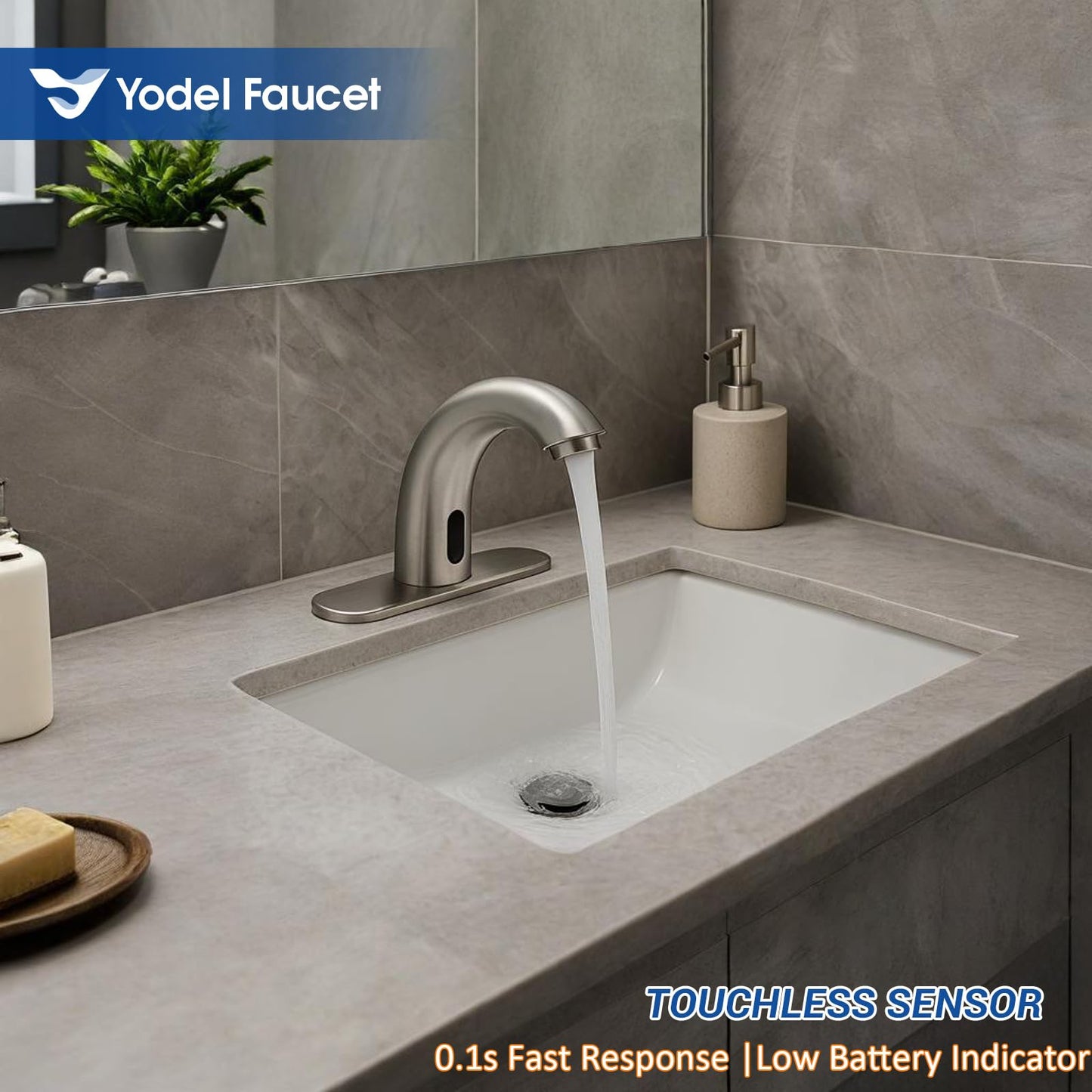Yodel Faucet Touchless Bathroom Sink Faucet - Automatic Motion Sensor Restroom Toilet Faucet - Battery Operated for Commercial Lavatory, Brushed Nickel