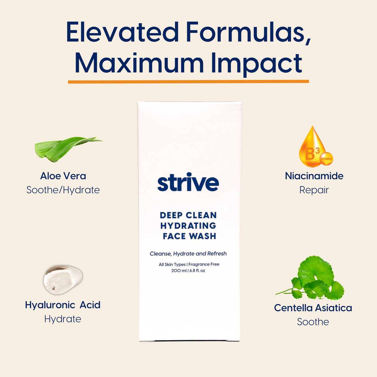 Strive - Deep Hydrating Mens Face Wash - Facial Cleanser, Mens Skin Care, Fragrance Free, Clear Skin, Refreshing with Aloe Vera, Hyaluronic Acid & Niacinamide - For All Skin Types - 200mL