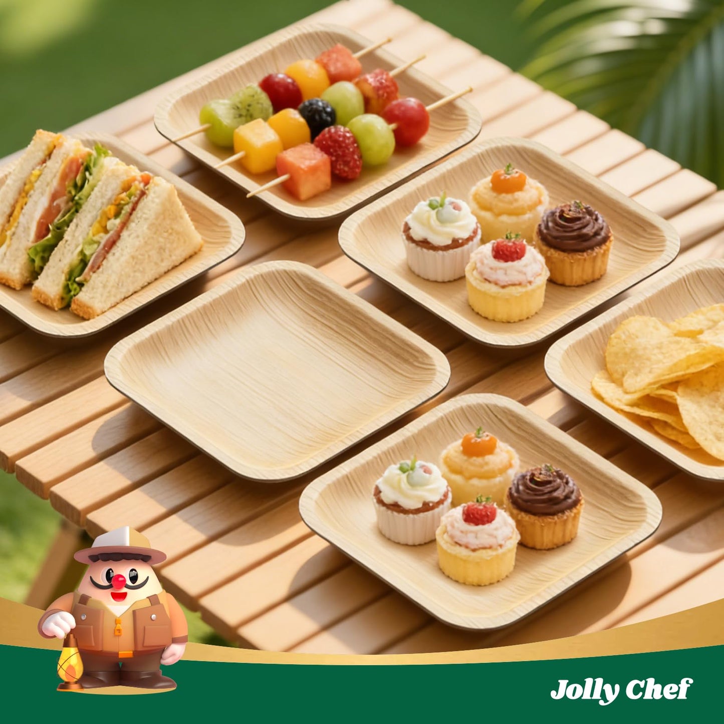 JOLLY CHEF Palm Leaf Plates, 6 Inch 100 Pack Bulk Disposable Like Bamboo Square Plates, Party Compostable Ideal for Dinner, Wedding, Party