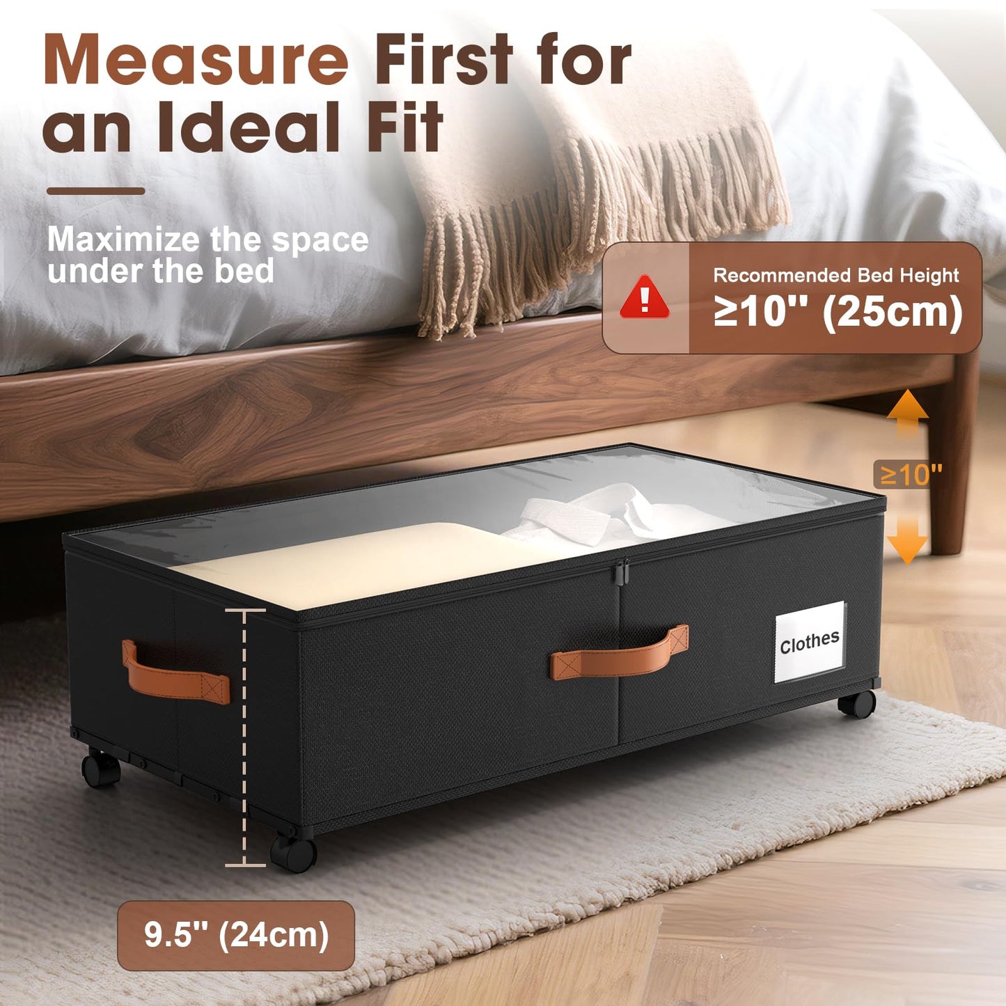 Eastherry Under Bed Storage Containers with Wheels, 9.5 inches Higher Underbed Shoes Blankets Clothes Toy Storage Drawers for College Dorms Bedrooms Nursery Rooms Organization, 2 Pack to be Assembled