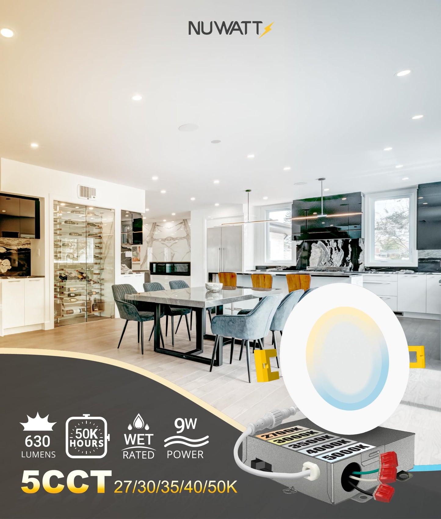 NUWATT 6 Pack, 4 Inch Ultra-Thin LED Recessed Lighting, 5CCT 2700K/3000K/3500K/4000K/5000K Selectable, 630LM, 9W, IC Rated, Dimmable Slim Panel Light, White Trim Canless Wafer with Junction Box, ETL