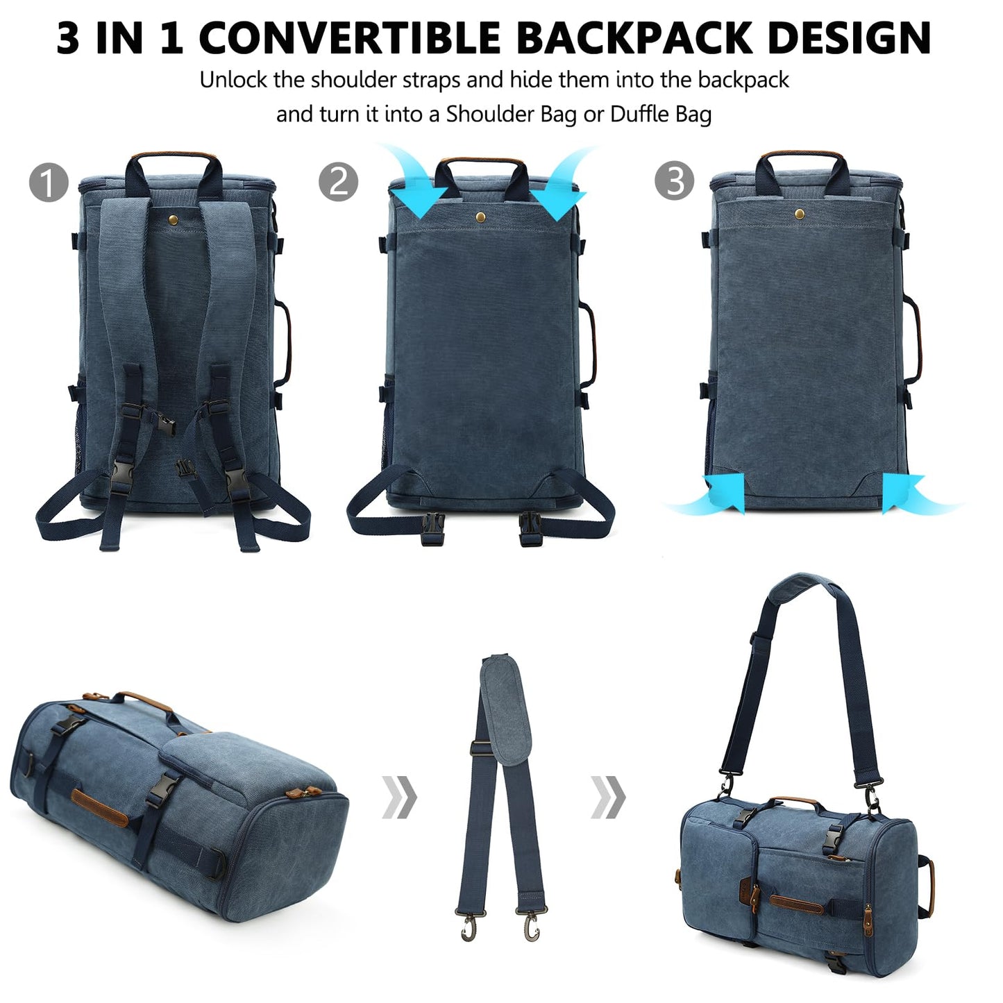 G-FAVOR 40L Travel Backpack, Vintage Canvas Rucksack Convertible Duffel Bag Carry On Backpack Fit for 17.3 Inch Laptop Bag