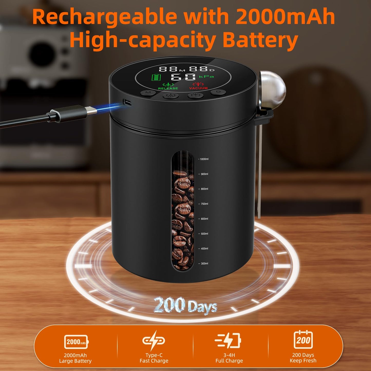 Automatic Vacuum Coffee Canister, 1.3L Coffee Container with Smart Pressure Sensor,LED Display,Window,Scoop Rechargeable Airtight Electric Coffee Bean Storage for Home Kitchen Ground Food Tea Storage