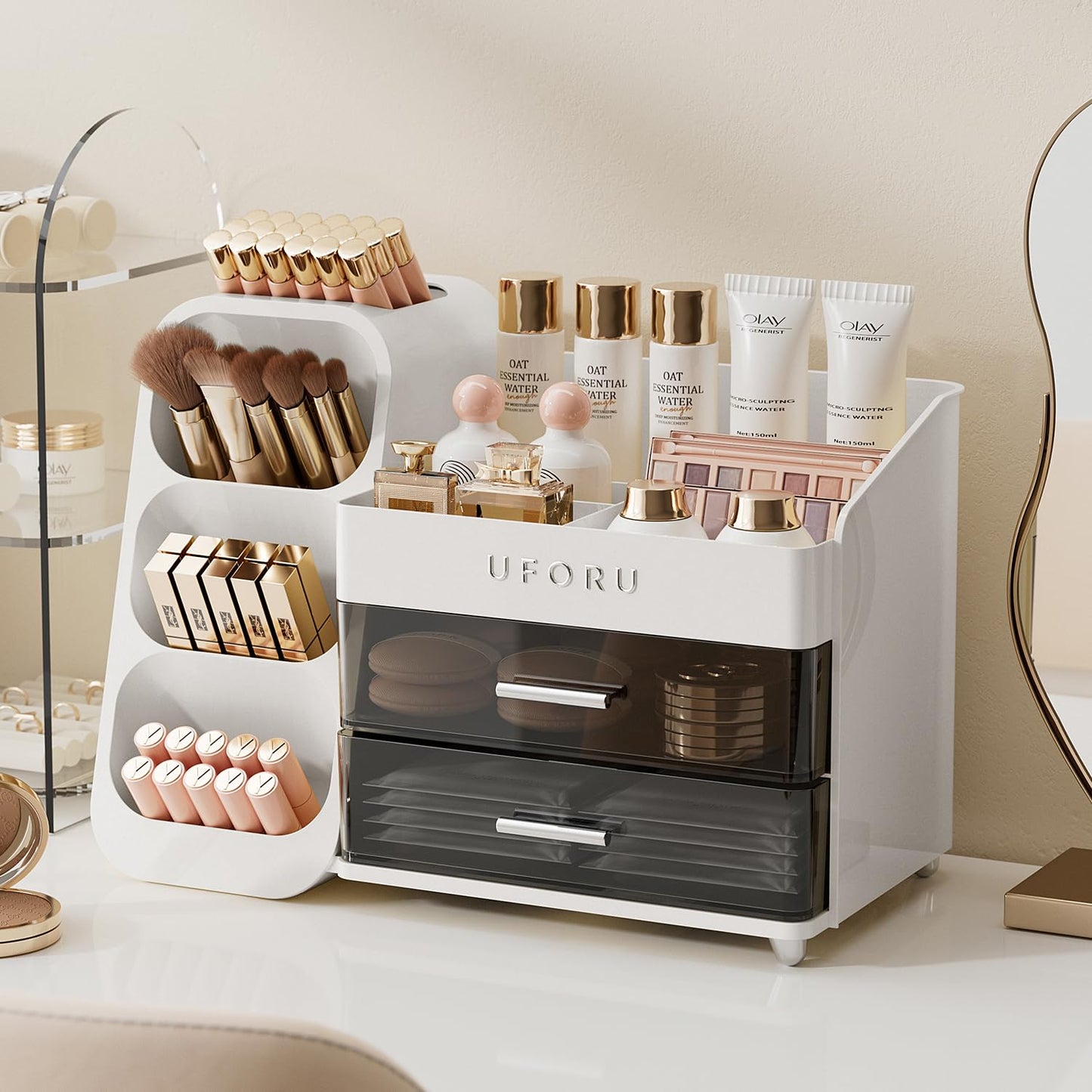UFORU Makeup Organizer For Vanity, Countertop Organizer With Drawers, Spacious Cosmetic Display Case for Beauty Essential, Skincare, Lipstick (White)