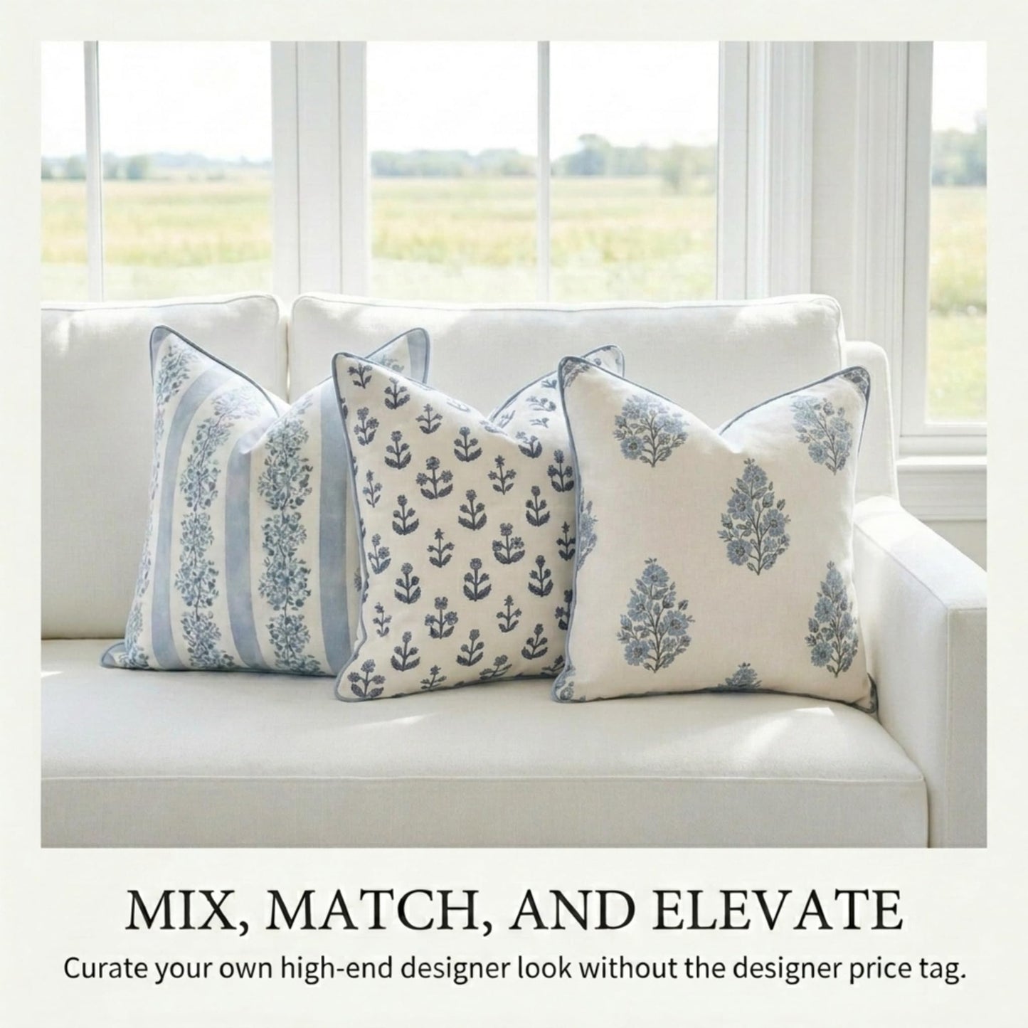 Jillien Harbor “The Juliet” Floral Block Print Pillow Cover – Soft Blue and Off-White Decorative Throw Pillow Cover – Grandmillennial Home Decor, 20" x 20"