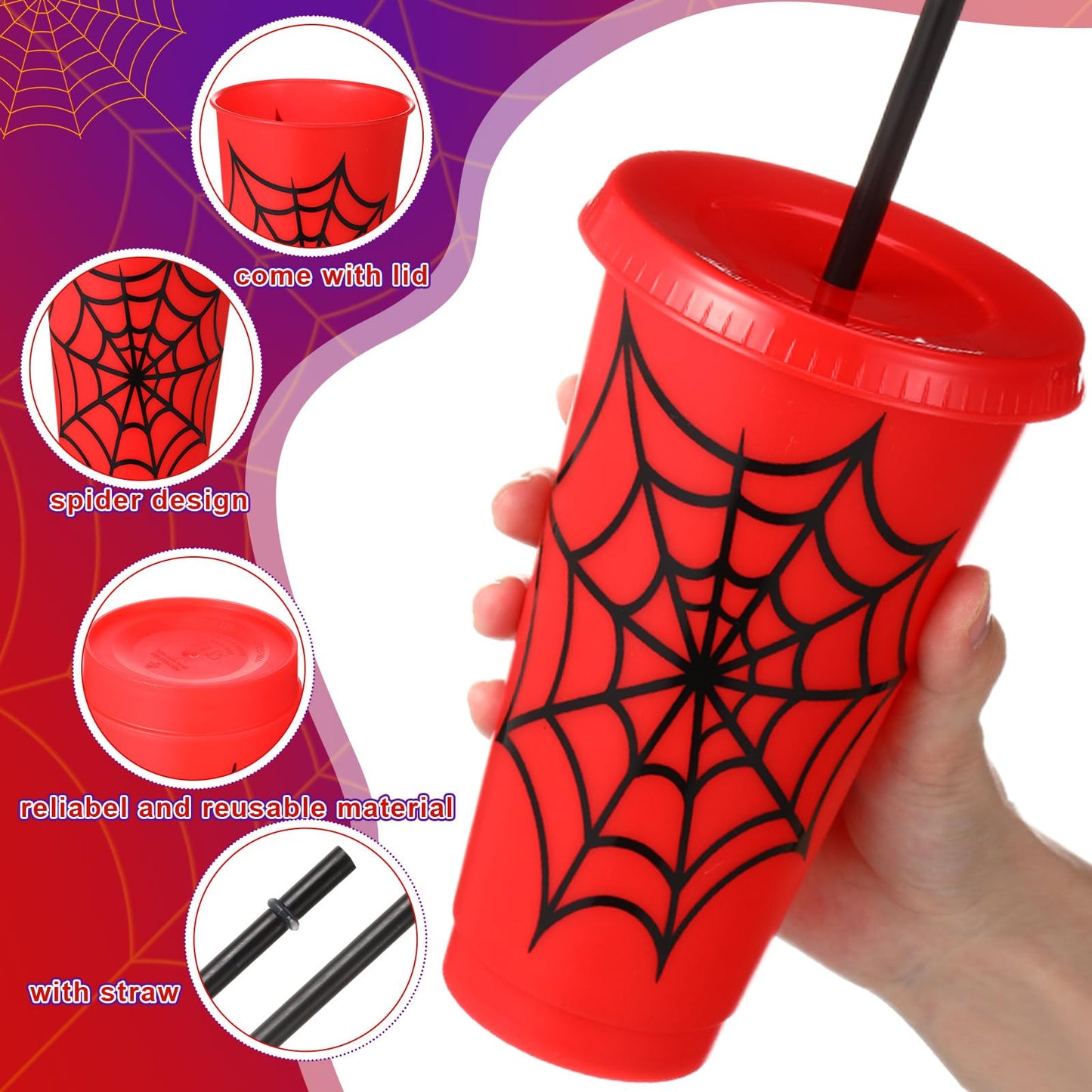 Newtay 24 Pieces Spider Cups with Straws and Lid - 24 Oz Reusable Plastic Spider Web Tumbler Red Black Blue Cups Bulk for Cartoon Birthday Baby Shower Party Favors Decoration Supplies