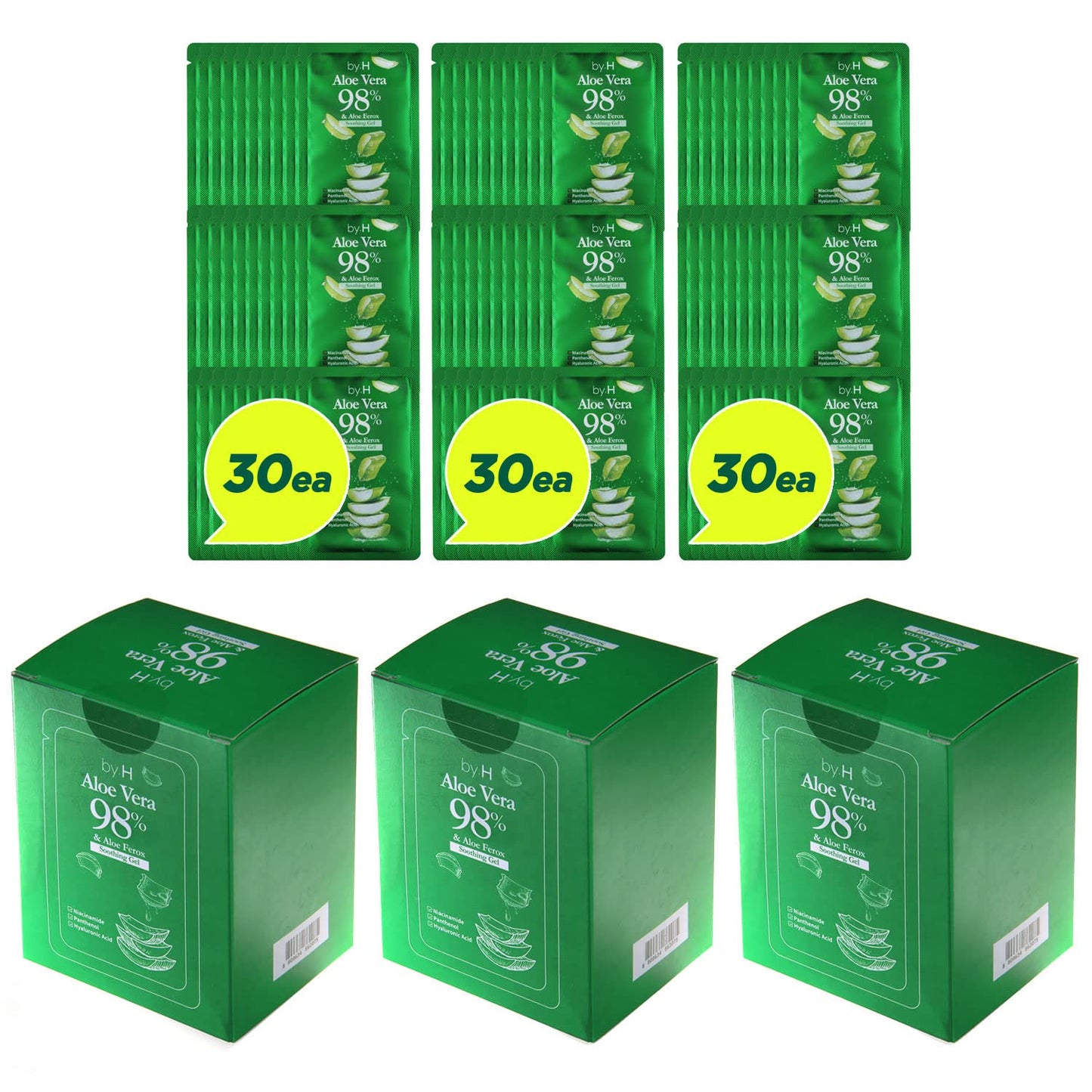 by.H Organic Aloe Vera Soothing Gel-Natural Moisturizer for Skin, Hair, Effective for Sunburns, Razor Burns, Gentle, Non-Greasy, Skincare [Made in Korea] Pouch-3Pack