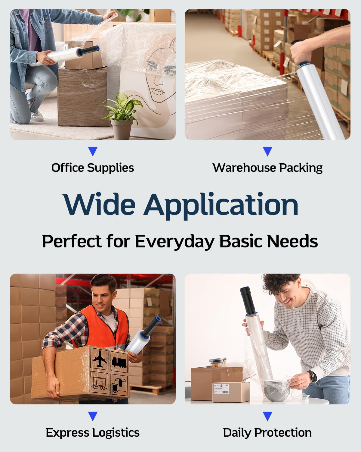 FugaCity Stretch Wrap Film-15 in 1000 FT 60 Gauge Shrink Wrap for Furniture Wrapping Shipping, Moving Supplies Clear Plastic Wrap, Heavy Duty Industrial Strength,500% Stretch(4 Roll with Handles)