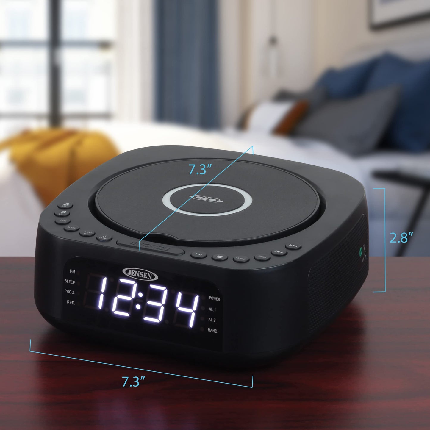 JENSEN JCR-375 Stereo Digital Dual-Alarm Clock with Top-Loading CD Player, FM Tuner, USB Charging Port, and Battery Backup