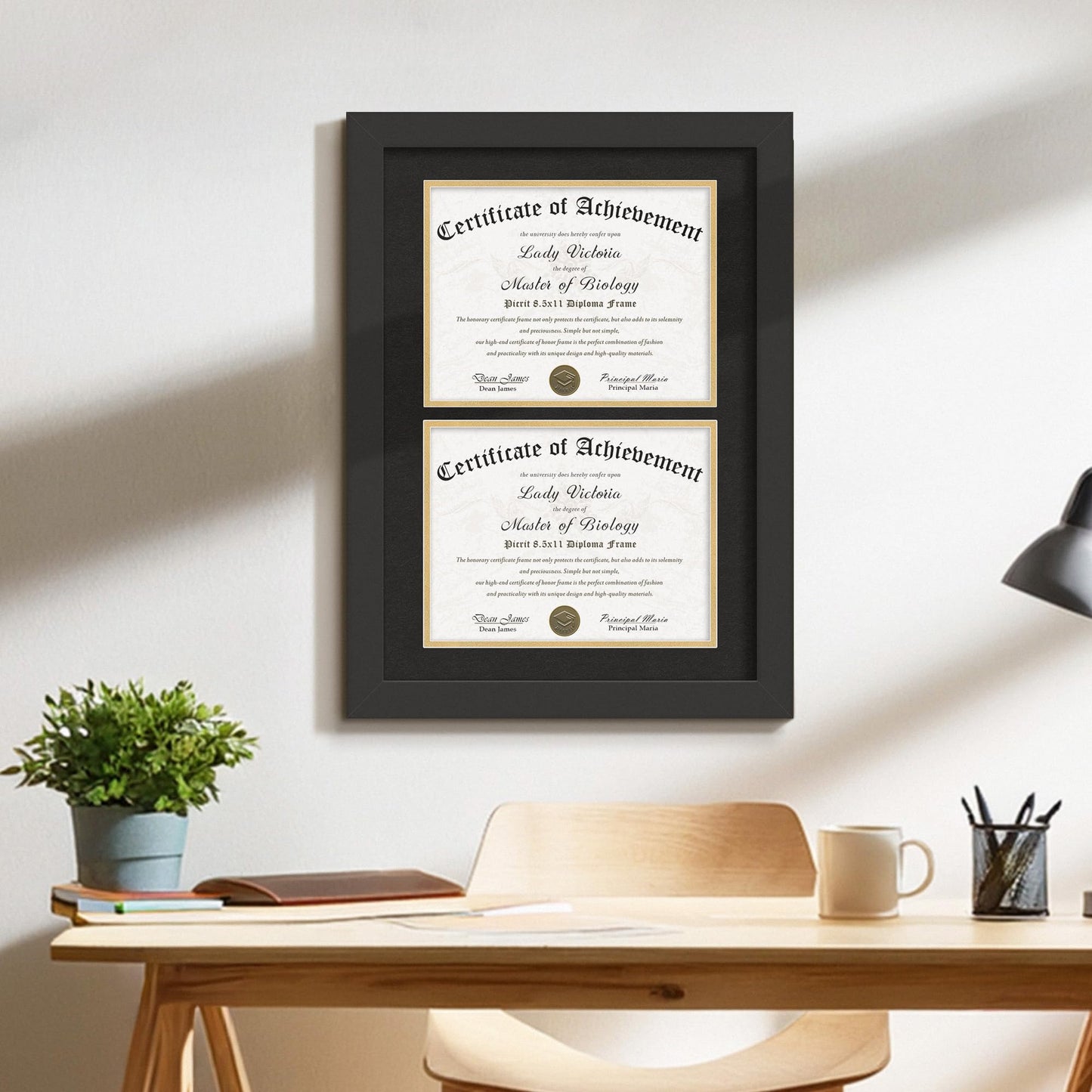 Picrit Double 8.5x11 Black Wood Diploma/Document Frame with Tempered Glass & Black over Gold Mat, and Display 14x20 Degree Certificate Frame without Mat for Wall, 1 pack