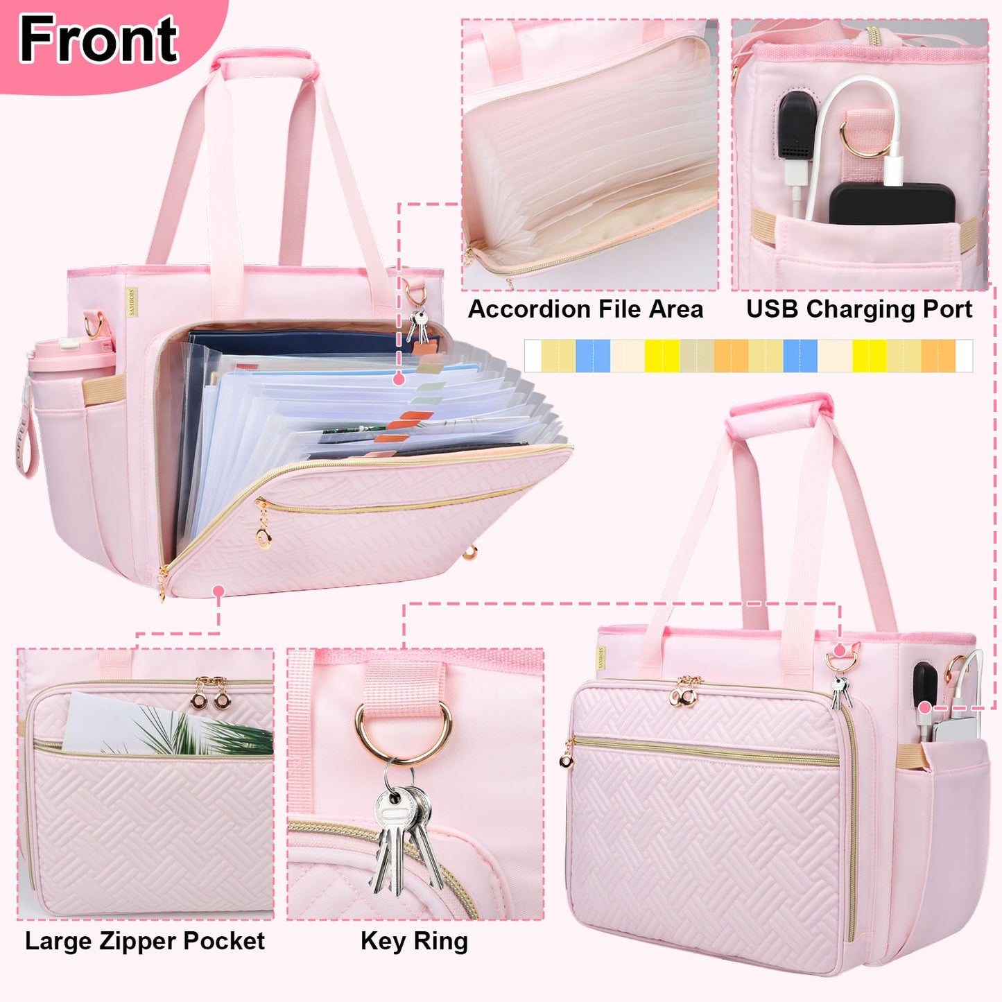 Sambois Teacher Tote Bag with Accordion File Organizer Pocket, Soft Nylon Utility Bag with 15.6 inch Laptop Compartment & USB Port, Large Work Tote Bag for Office Supplies Women (Pink)