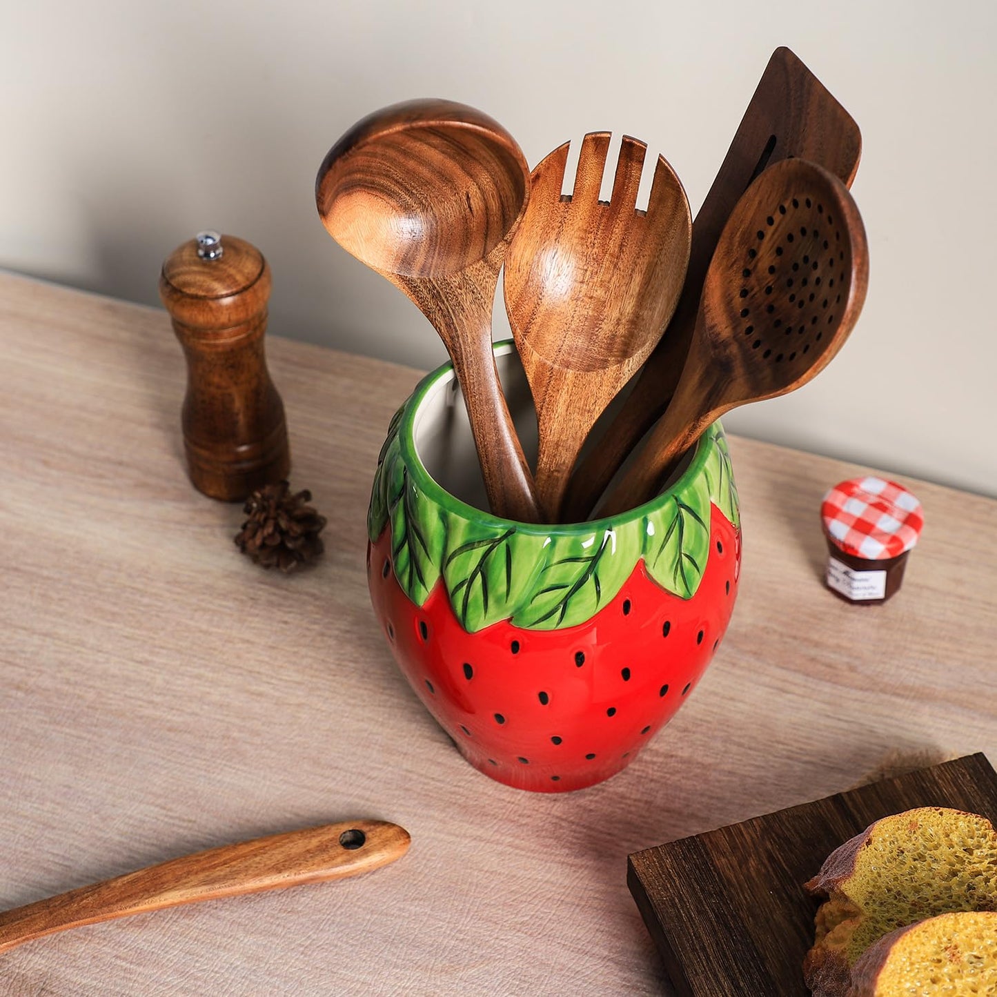 Bicuzat Strawberry Shaped Ceramic Kitchen Utensil Holder, Large Cooking Utensil Crocks for Kitchen Countertop, Ceramic Utensil Organizer for Spatula, Kitchen, Home Decoration-Retro Red