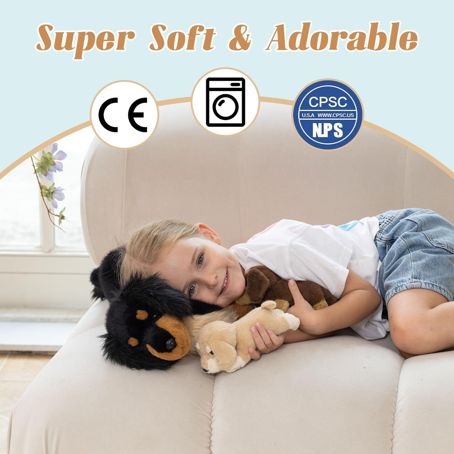 MorisMos 20'' Large Sausage Dog Stuffed Animal Mommy with Baby Puppy Toys for Kids, 3Pcs Realistic Long Hair Sausage Toys for Girl Boy Birthday Christmas