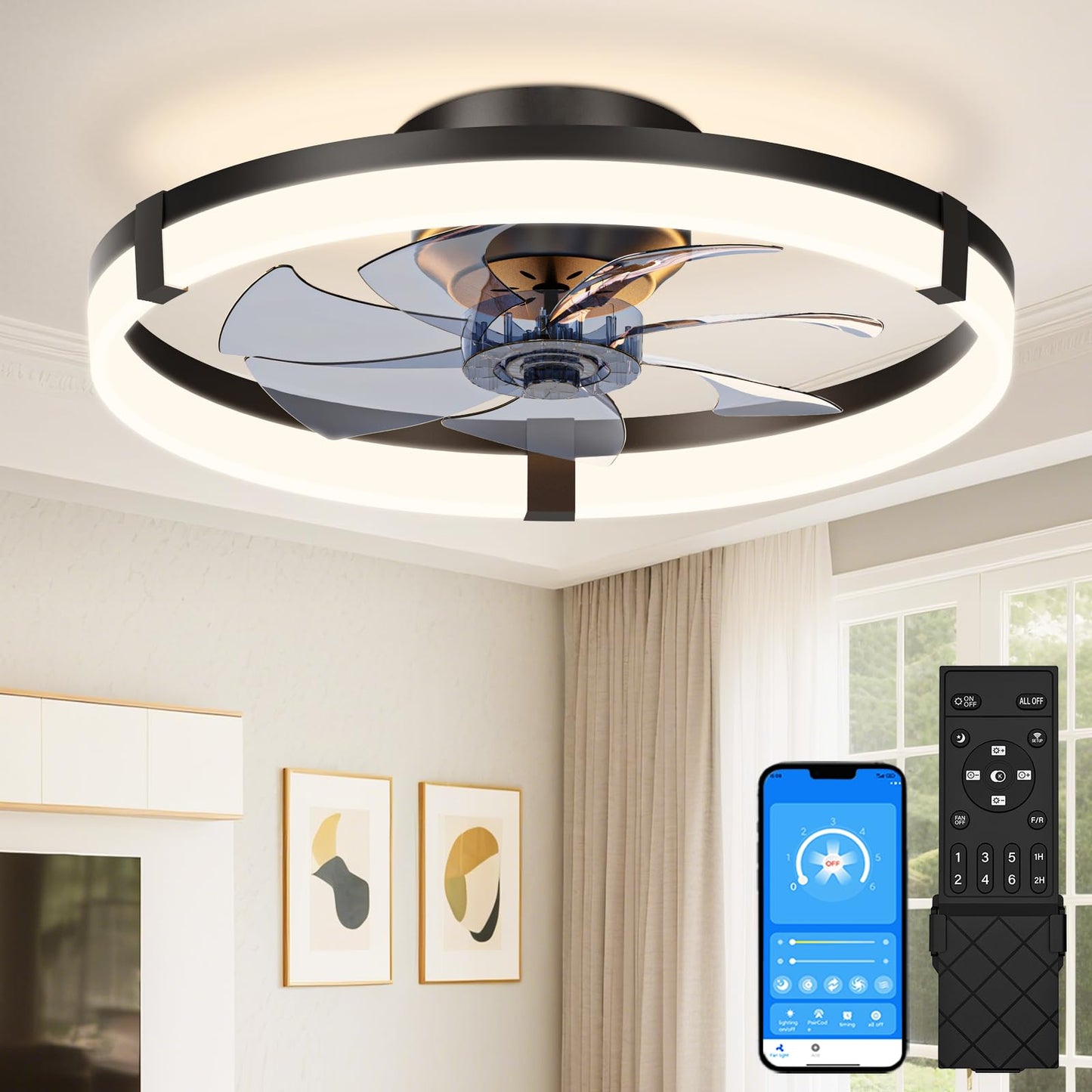 VOLISUN Low Profile Ceiling Fans with Lights and Remote, 20in Flush Mount Ceiling Fans with Light, 3000K-6500K Dimmable Fandelier Ceiling Fan, Black Bladeless Ceiling Fan for Bedroom