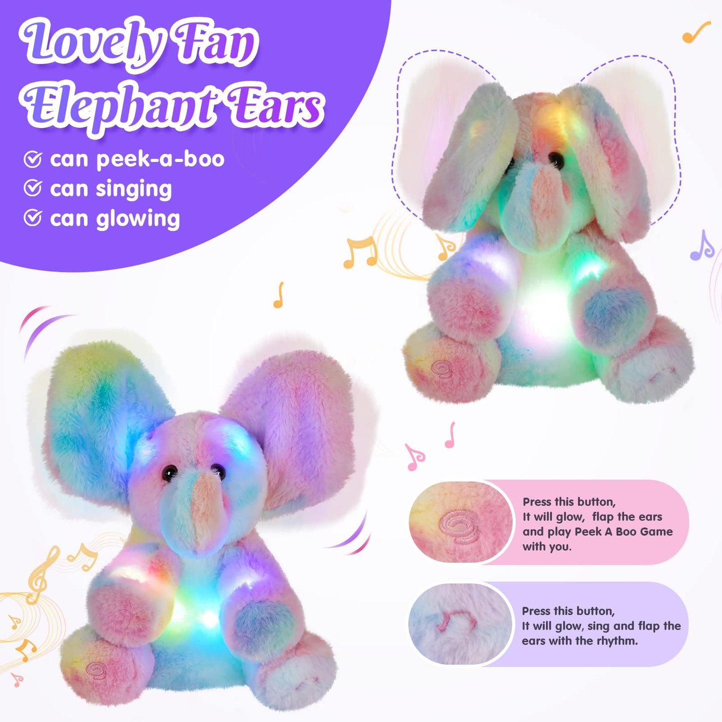 Glow Guards 12’’ Peek-A-Boo Light up Musical Electric Elephant Rainbow Plush Soft Toy Stuffed Animal Lullaby Night Light Interactive Hide and Seek Game Talking Doll Christmas Holiday Birthday Gifts for Toddler Kids