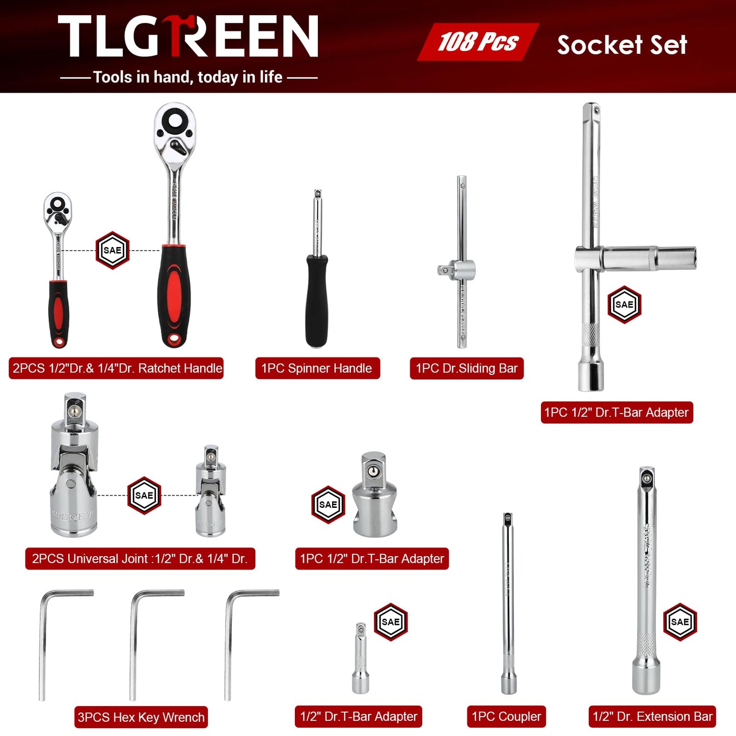 TLGREEN 108 Pcs Mechanic Socket Tool Kit,CR-V Steel Metric And 1/4" & 1/2" Ratchet set,Universal Joint,Extension Bars,Adapter,Quick Release Ratchet Wrench,Tool Box Set for Car Garage Dorm