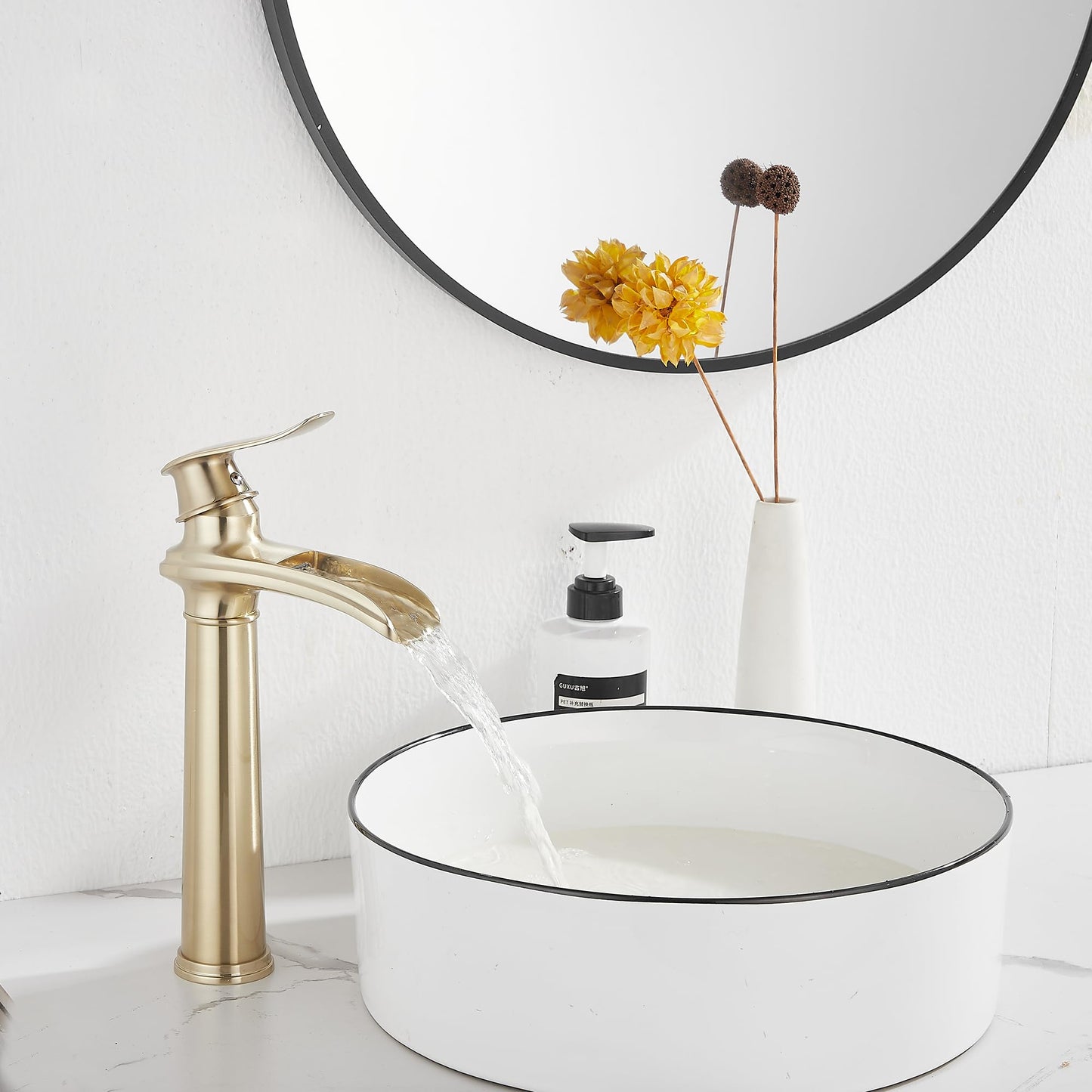 Brushed Gold Bathroom Faucet GGStudy Single Handle 1 Hole Farmhouse Waterfall Bathroom Vessel Sink Faucet Matching with Pop Up Drain