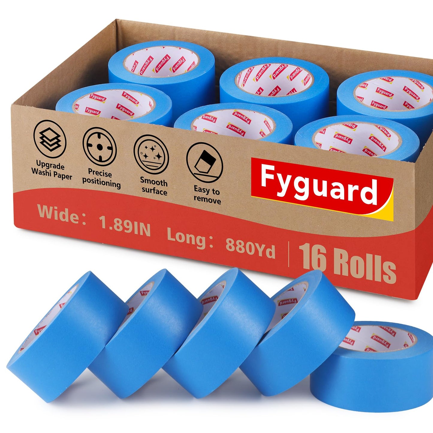 Fyguard 16 Rolls Blue Painters Tape 2 Inch Wide 1.89In x 880Yd Blue Masking Tape Bulk for Walls Home Improvement Masking DIY Crafts