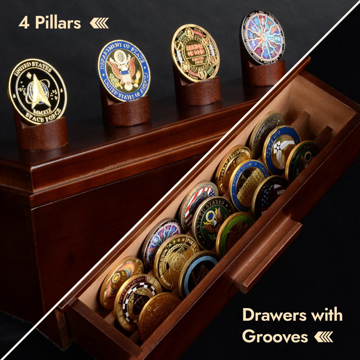 ULTRGEE Challenge Coin Display Case, Military Coin Collection Holder with Wooden Coin Box, Drawers, and Clear Acrylic Lid – Gifts for Coins Collectors (4 Pillars)
