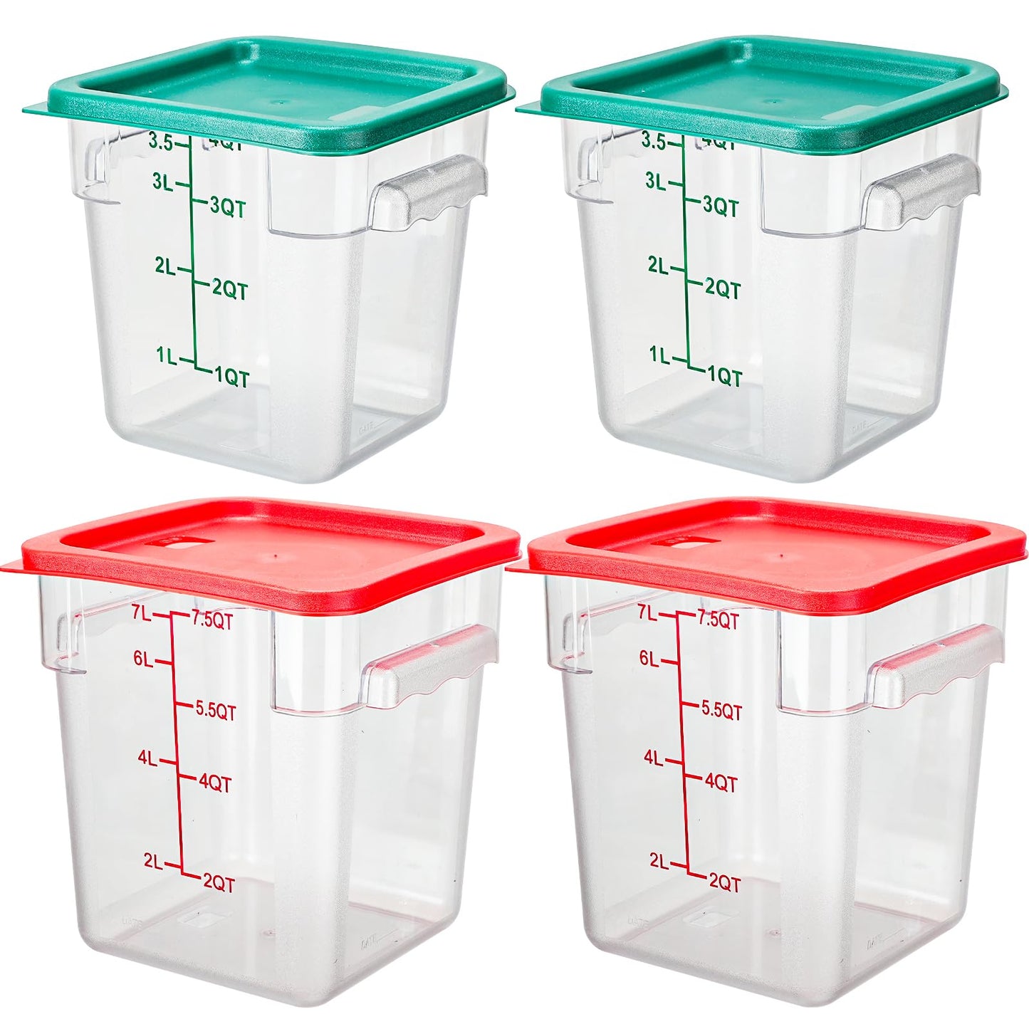 Lallisa 4 Pcs Food Storage Containers with Scales 8 qt and 4 qt Square Containers with Lids and Handles Polycarbonate Air Tight for Home Storage Kitchen Restaurant(Red, Green)