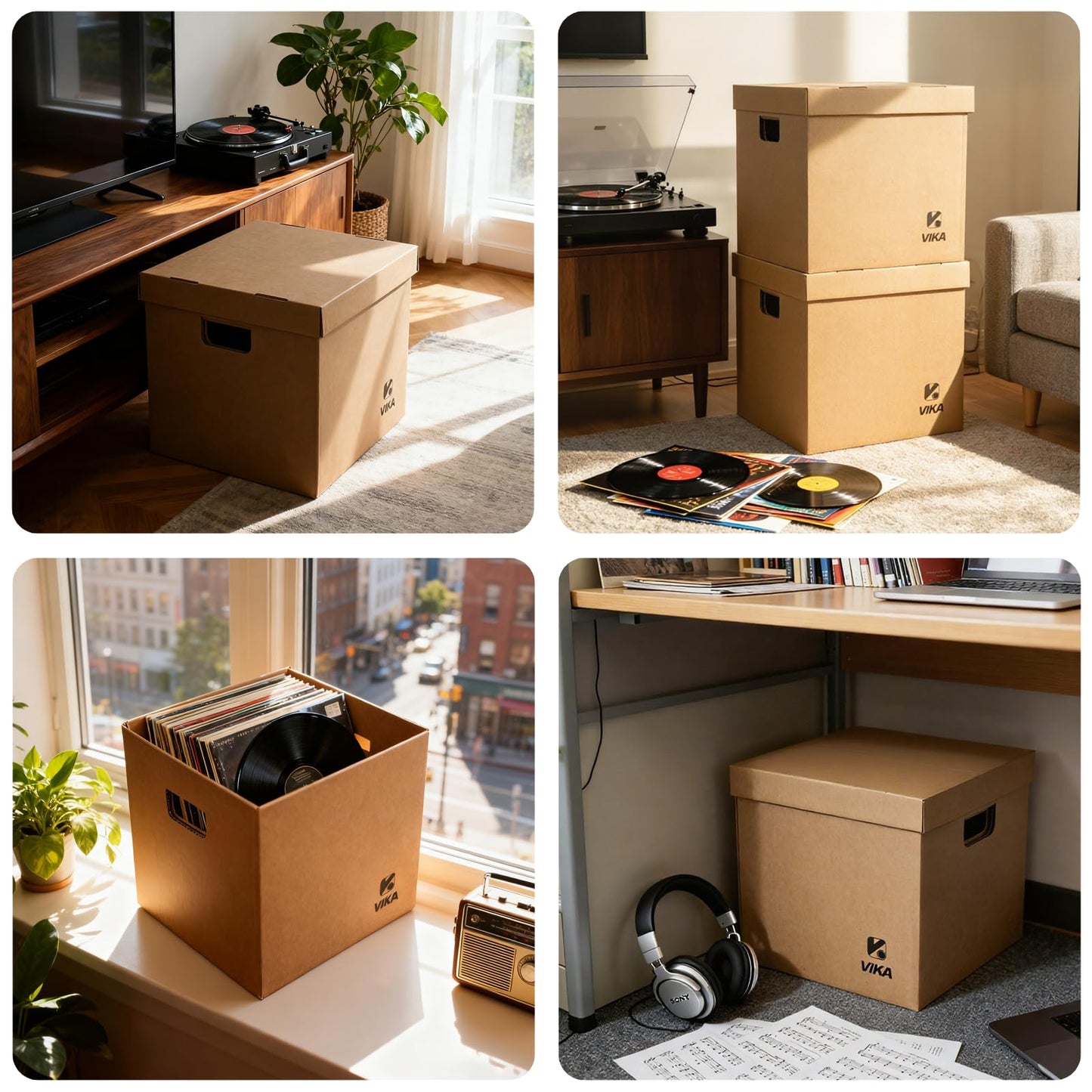 VIKA Vinyl Record Storage Box & Moving Box – Sturdy Cardboard with Removable Lids and Handles, Holds 60 Records/Laser Discs Each - Set of 4 Boxes (Kraft)