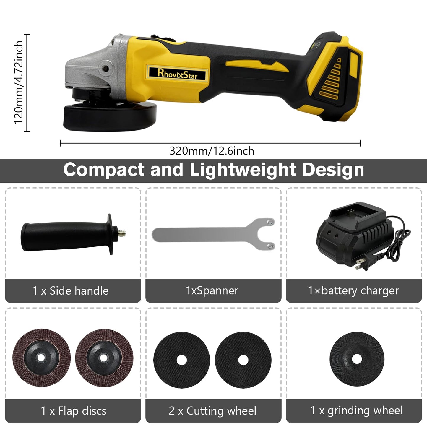 RhovixStar Brushless Angle Grinder Cordless, 3/8 Inch Battery Grinder Power Tools for Cutting, Grinding, Polishing and Rust Removal, 4 Variable Speed