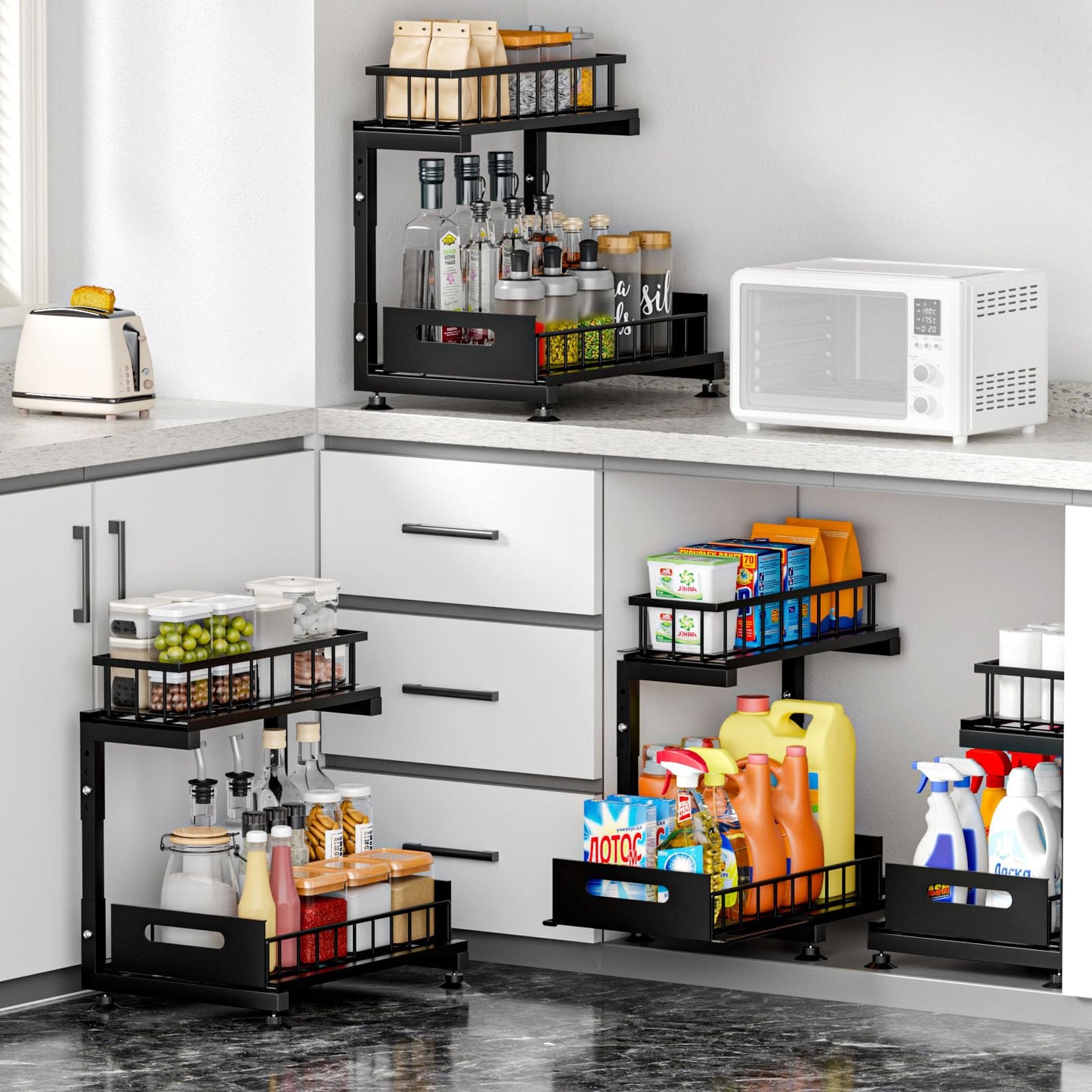 Saydear Under Sink Organizer, 2-Tier Premium Metal Pull-Out Racks with Adjustable Height, Heavy Duty Sliding Bin for Bathroom and Kitchen Cabinet Storage, Rust Resistant 2 Pack Black