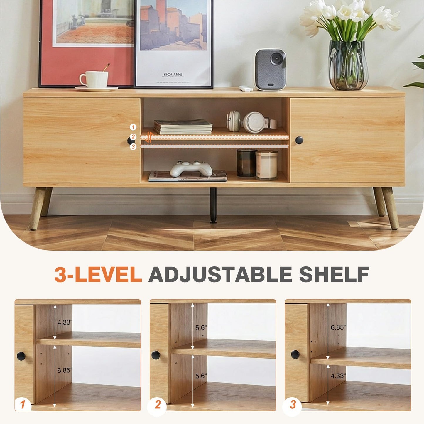 Sweetcrispy TV Stand for 55 60 inch TV, Modern Mid Century Entertainment Center with Storage, Media Console Table 2 Cabinet, Soft Hinge, Handle Door, Wooden Living Room, Office Furniture, Oak