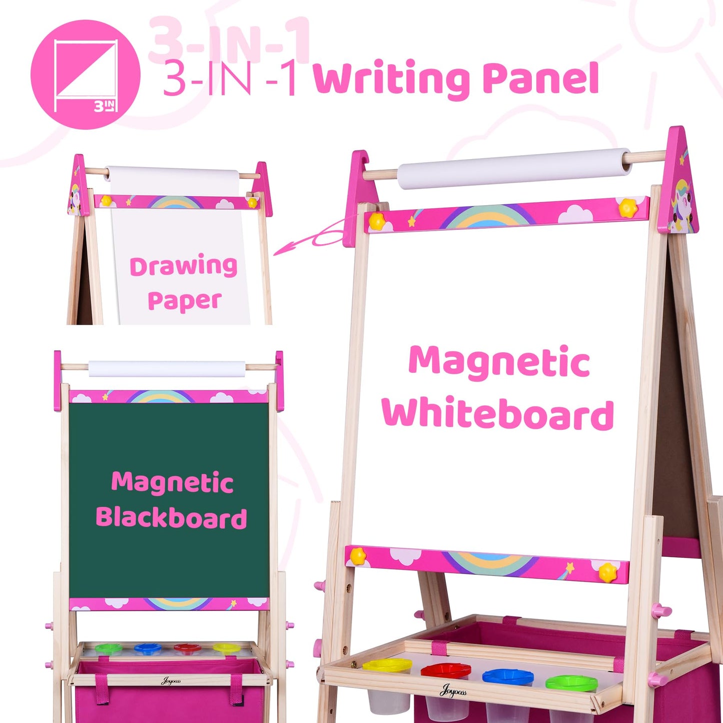 Joyooss Art Easel for Kids, Adjustable Standing Wooden Toddler Kids Easel Double Sided Drawing Board Whiteboard & Chalkboard Dry Easel Board, Art Easel for Kids Age 4-8 9-12 Painting Set