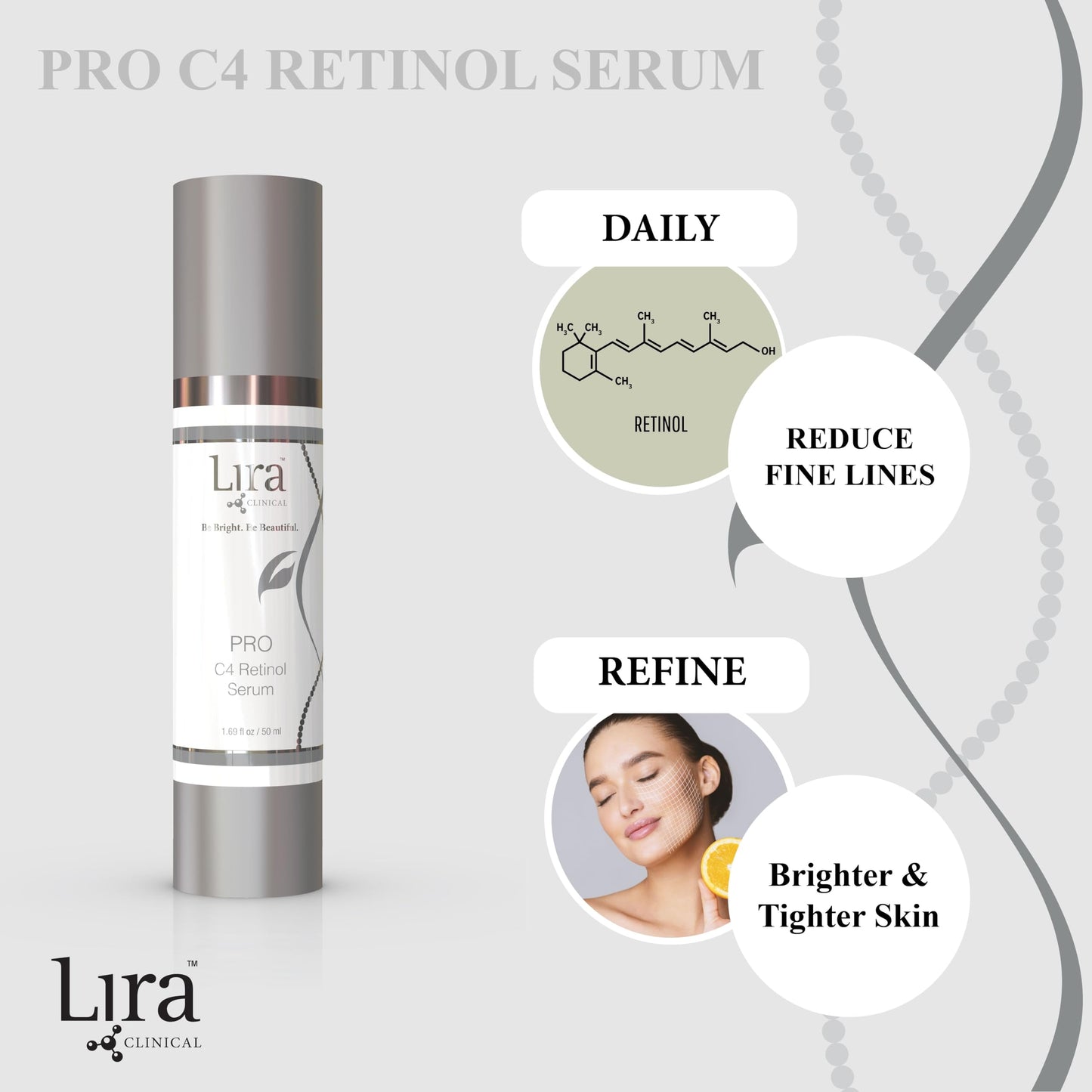 Lira Clinical PRO C4 Retinol Serum - Face Serum with Plant Stem Cells - Vitamin C Brightening Serum with Licorice and Olive Extract - 1.69 Ounce
