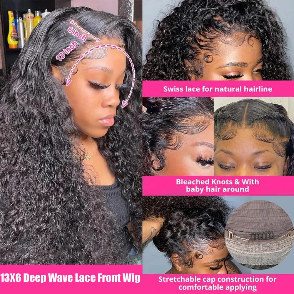 JTMMP 13x6 Deep Wave Lace Front Wigs Human Hair 200% Density 26 Inch Curly Human Hair Wig for Women Natural Black HD Transparent Lace Glueless Frontal Wigs Human Hair Pre Plucked with Baby Hair