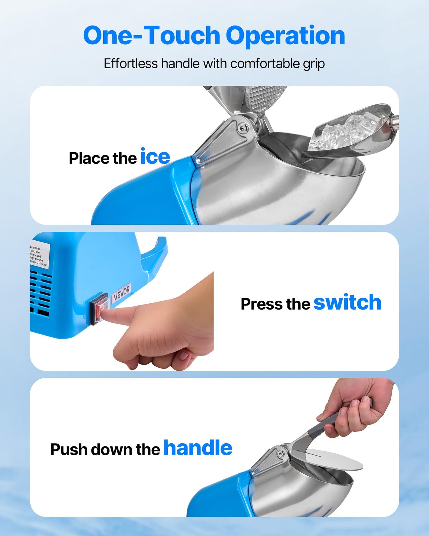 VEVOR Ice Crusher Machine, 286lbs Per Hour Electric 4 Blades Snow Cone Maker, Stainless Steel Shaved Ice Machine with Bowl and Cover, 300W 2000RPM Ice-Shaver for Home and Commercial Use, Blue