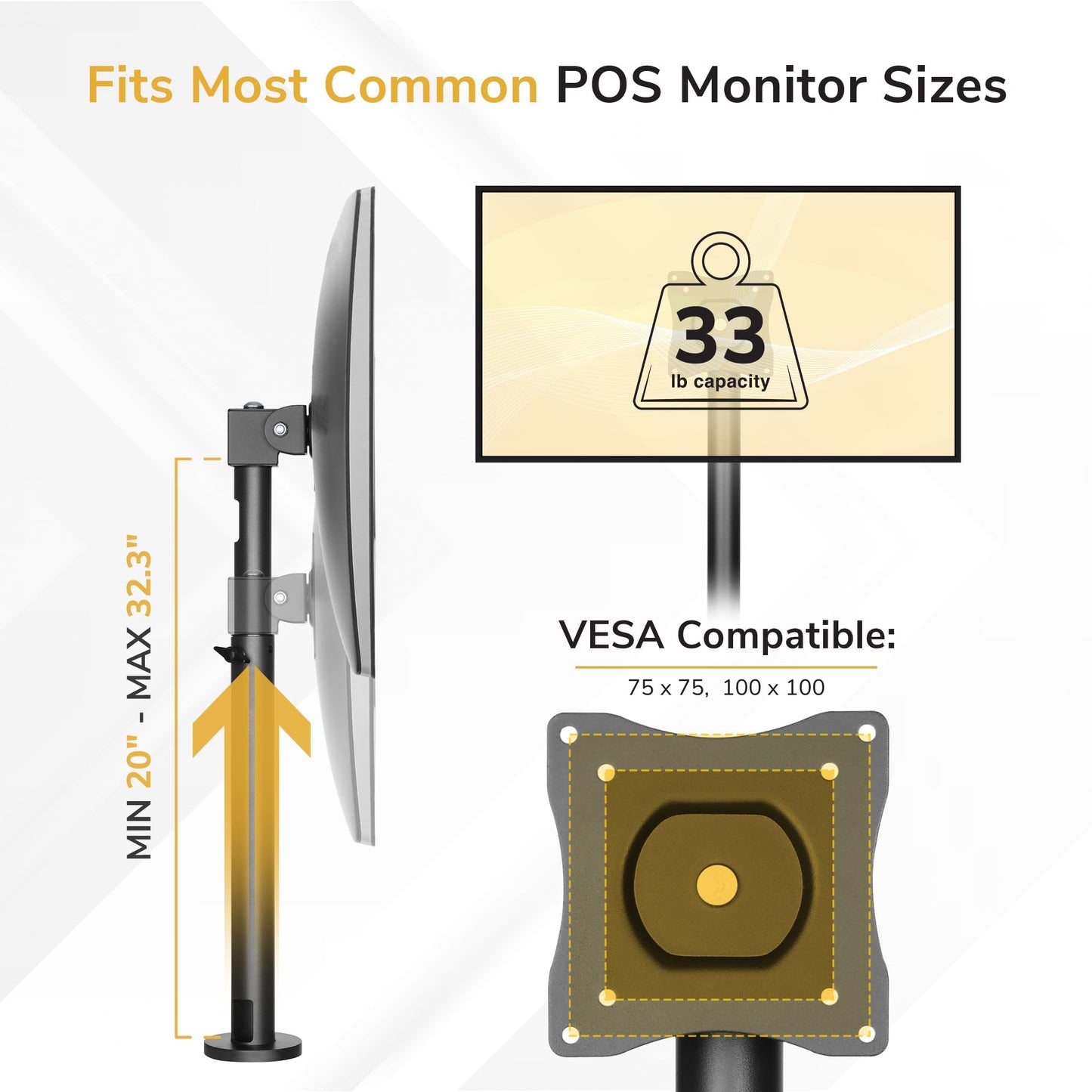 Mount-It! POS Monitor Mount for Retail Checkout & Reception Counters - Extra Tall Height Adjustable Pole with Secure Bolt-Down Base, VESA 75x75 & 100x100 Compatible - Fits 13–32” Monitors, 33 lbs