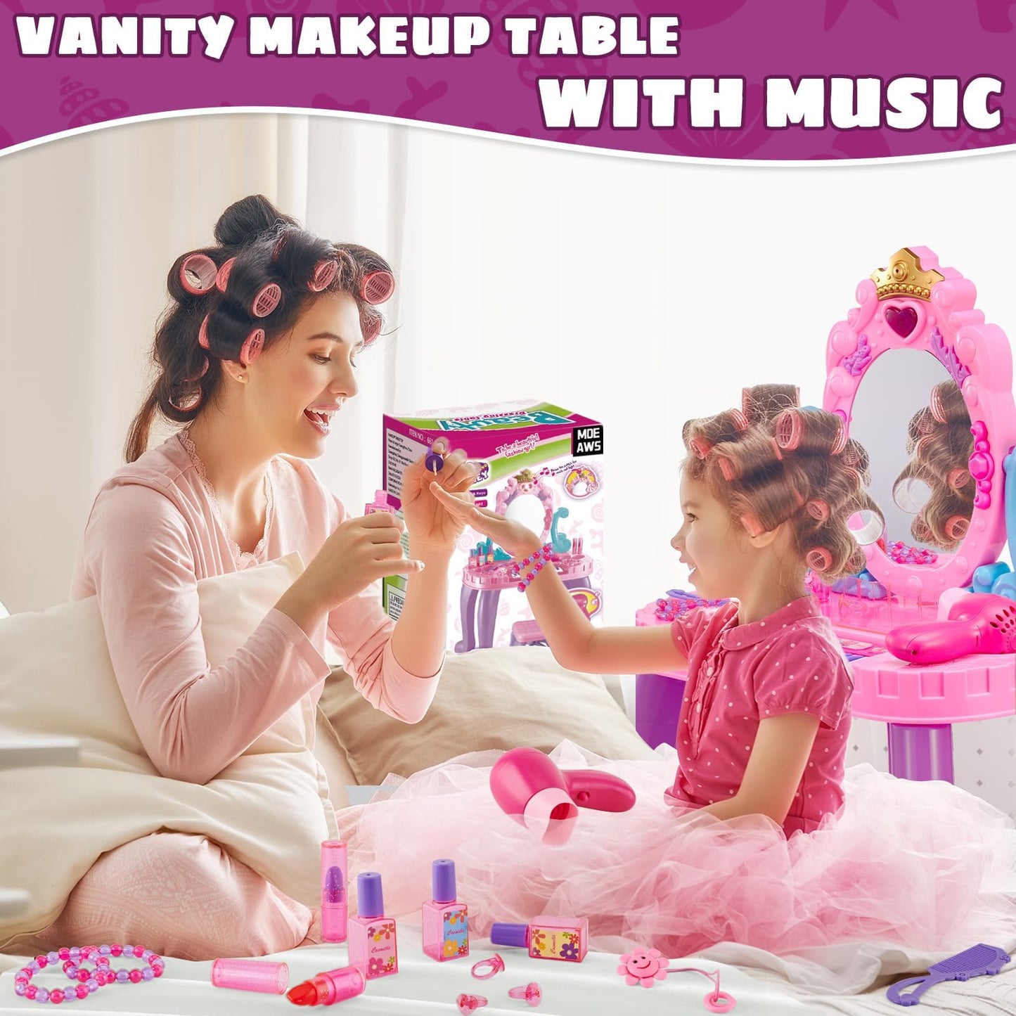 Vanity Makeup Table Toy for Kids, Toddler Girl Pretend Play Makeup Accessories- Princess Dress Up Set, Music Piano & Lights, Adjustable Mirror, Hairdryer, Mermaid Table & Chair Kit, Birthday Gift