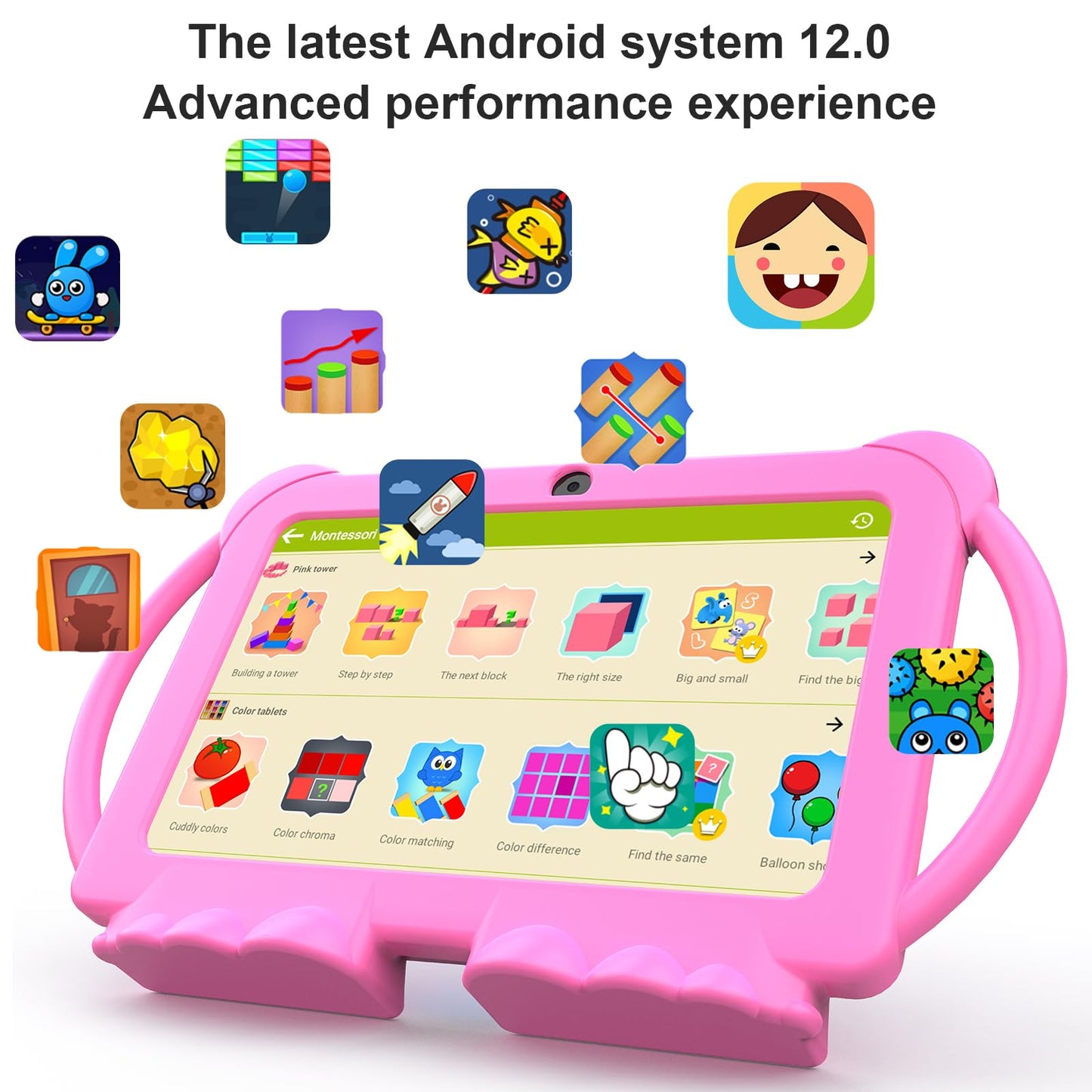 Kids Tablet, 7 inch Android 12 Tablet for Kids, 4GB RAM 32GB ROM 1TB Expand, Toddler Tablet with Parental Control, IPS Screen, Dual Camera, Educational, Games, Shockproof Case for Boys/Girls (Pink)