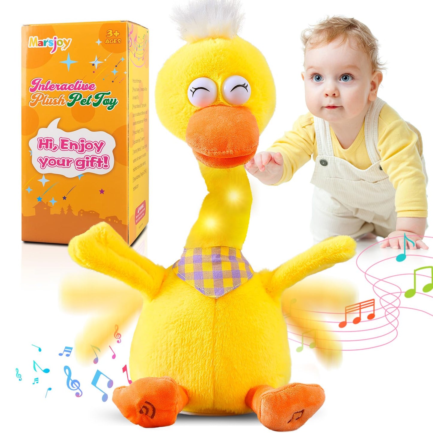 13" Talking Dancing Duck, Repeating What You Say Mimicking Recording Plush Baby Toy Musical English Songs Singing Talking Glowing Animated Twisting Gifts of Lighting Up Funny Toys for Boys Kids