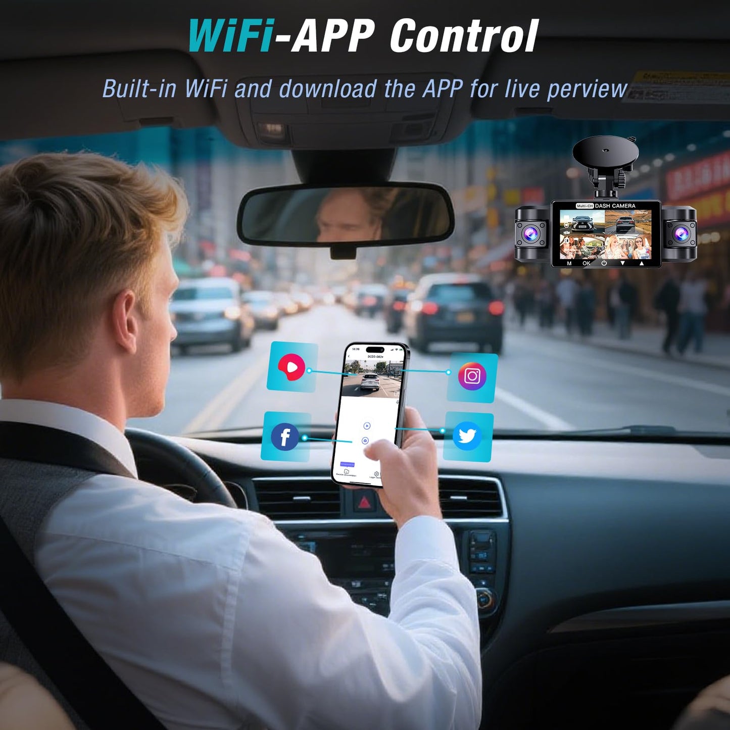 4 Channel 2.5K Dash Cam Front Rear Left Right, 170° Wide Angle Car Dash Camera with 5GHz WiFi & App Control, G-Sensor, Super Night Vision, 24H Parking Monitor, Loop Recording, 64GB SD Card Included