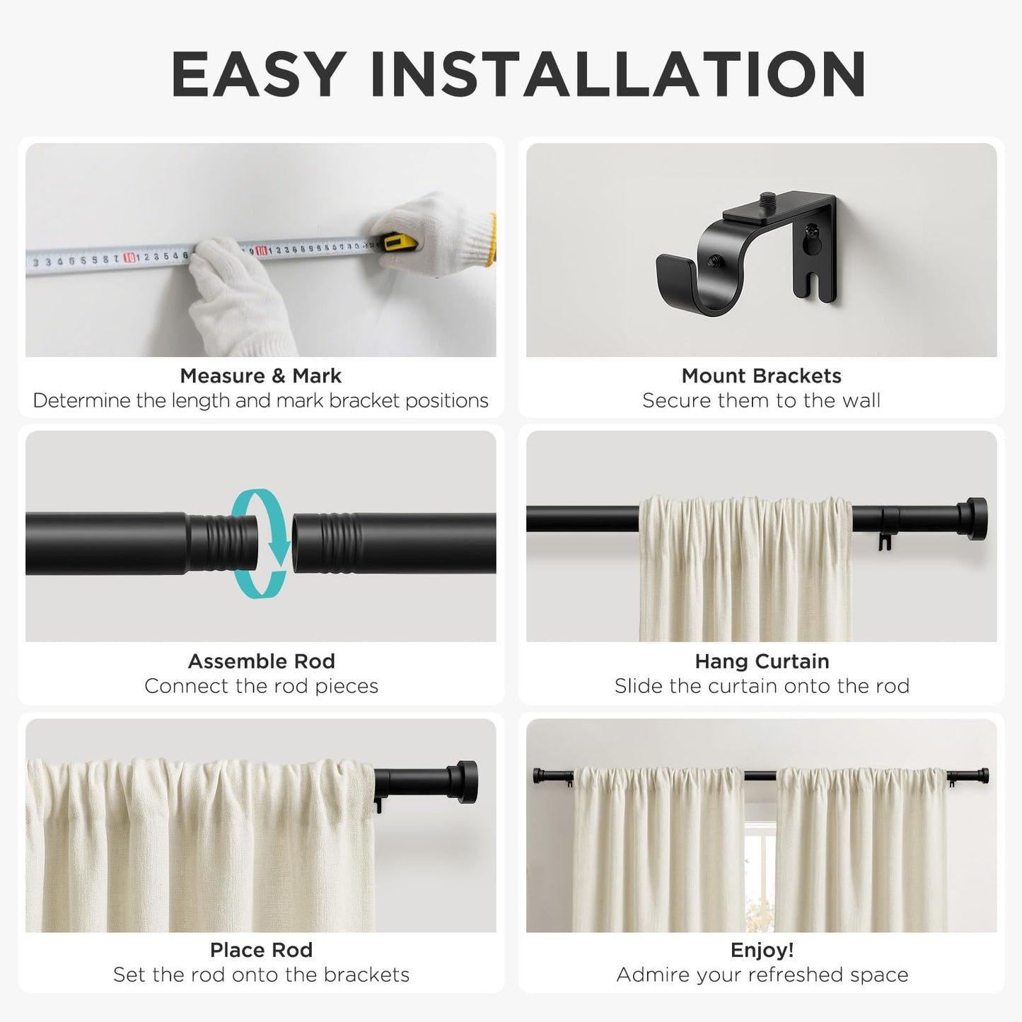 Joydeco Curtain Rods for Windows, Adjustable Black Curtain Rods 16 to 120 inches, 1 inch Diameter Heavy Duty Decorative Window Single Rod Set with Aluminium Finials