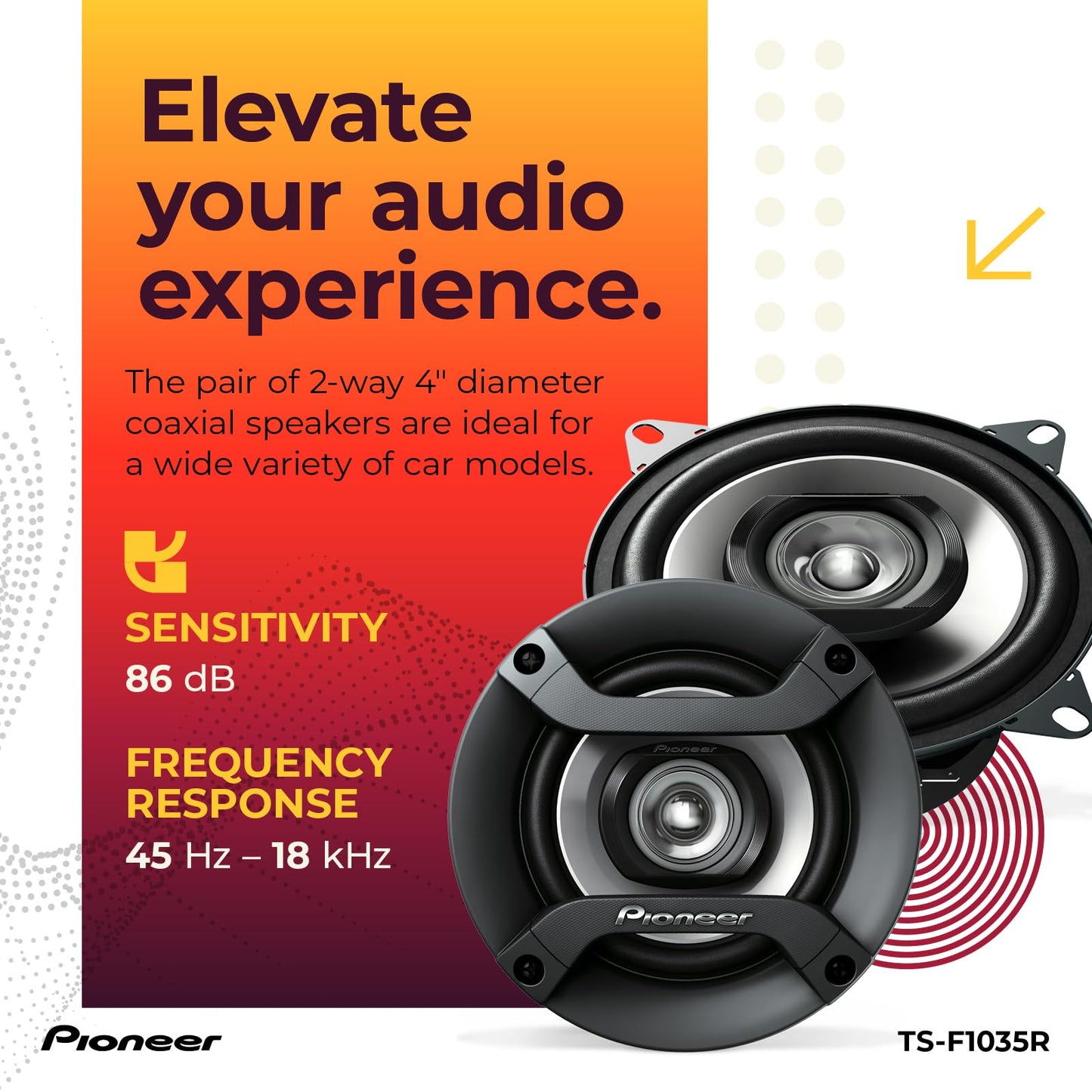 Pioneer TS-F1035R 2-Way Coaxial Car Audio Speakers - Full Range 4" Round Speakers, 150W Max Power (Pair)