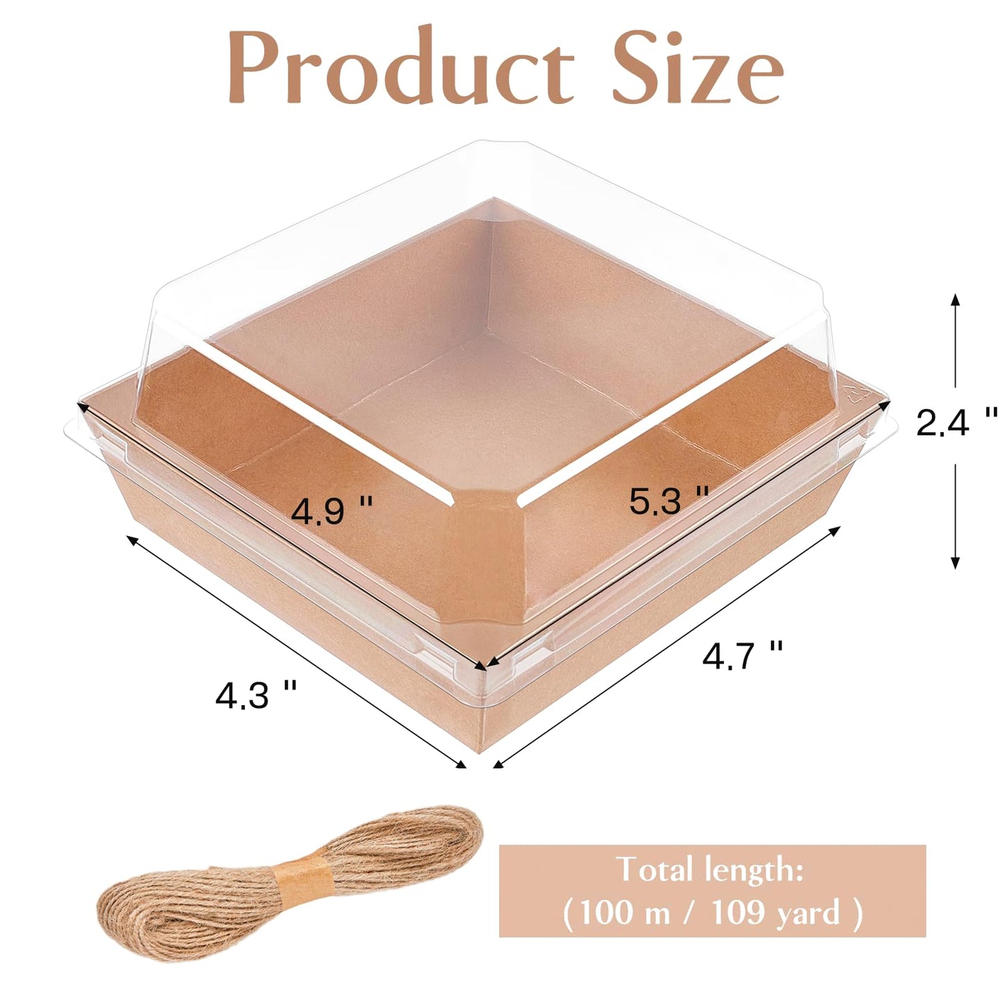 ZORRITA 100 Pack 5 Inch Paper Charcuterie Boxes with Clear Lids, Square To Go Cake Slice Containers Small Kraft Bakery Boxes for Dessert, Cookies, Sandwich, Strawberries (Brown)