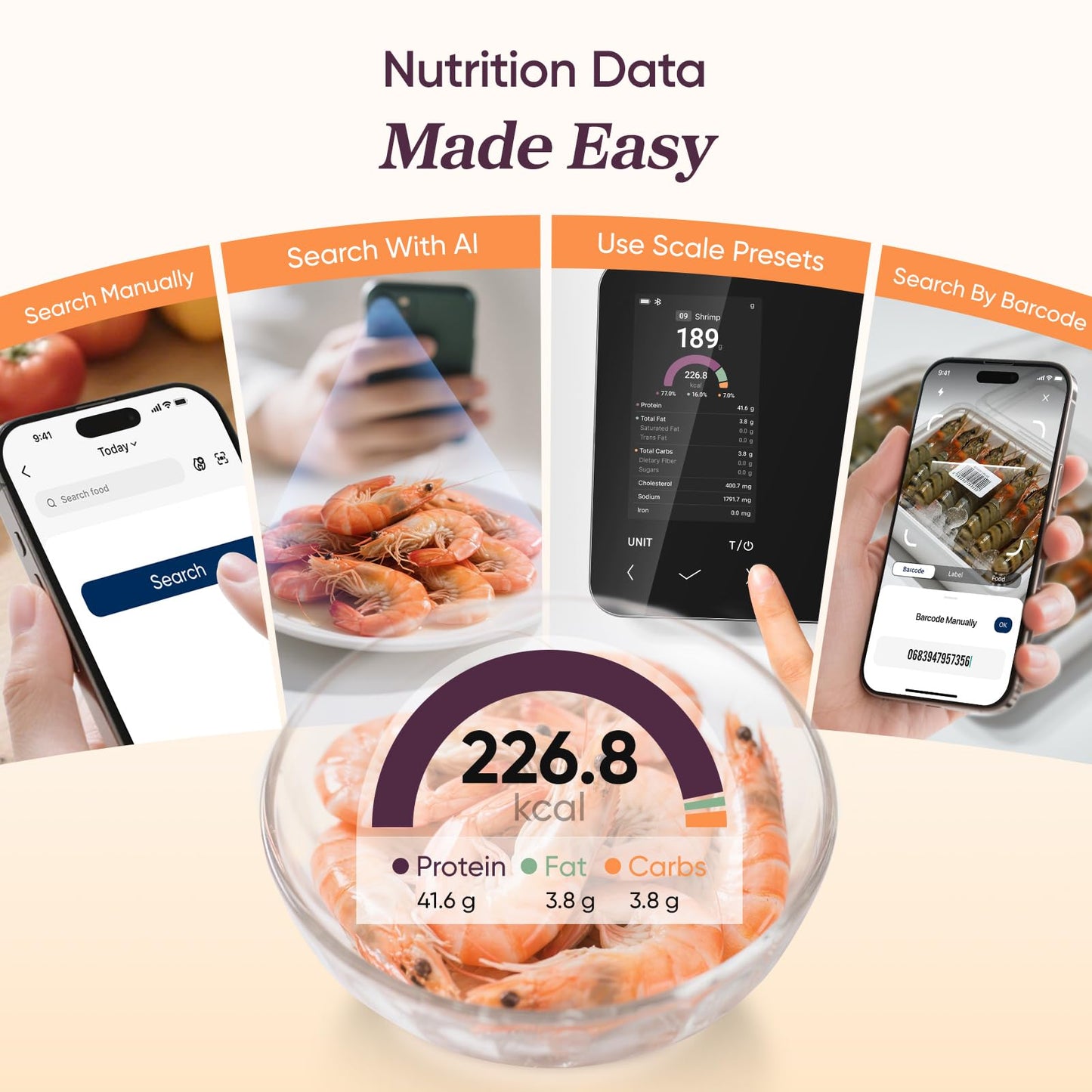 Cosori Smart Food Kitchen Scale with Nutritional Calculator, Free App for AI Scan, Calorie & Macro Tracking, Food Preload, On-Screen Nutrient Info, Personal Goals, Rechargeable, 11 lb / 5 kg