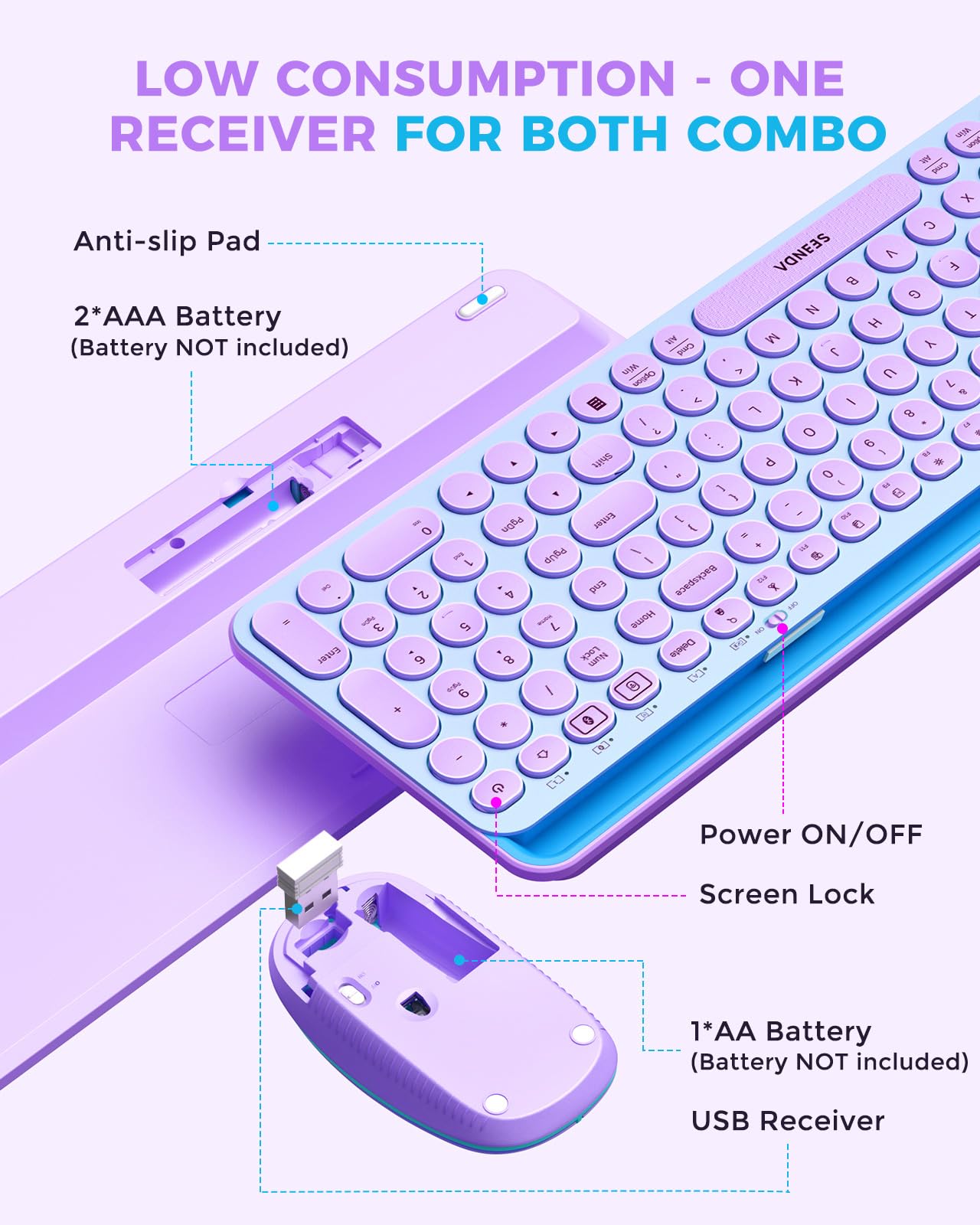 seenda Bluetooth Keyboard and Mouse for iPad, Multi-Device Bluetooth + 2.4G Wireless Keyboard Mouse with Tablet Holder for MacBook/Windows Computer, iOS/Andriod Tablet Phone, Blue & Purple