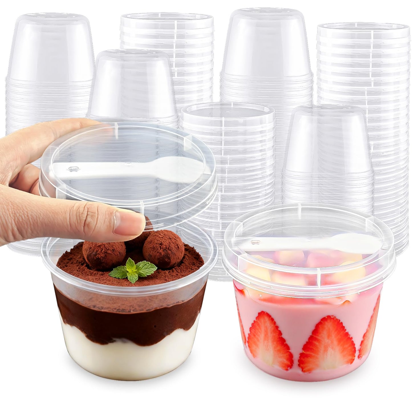 Nefocar 100 Pack 8oz Plastic Dessert Cups with Lids and Spoons, Clear Yogurt Parfait/Appetizer Cup with Lids for Party, Mini Round Dessert Cups with Spoons for Pudding/Jello/Milkshake/Fruit/Ice Cream