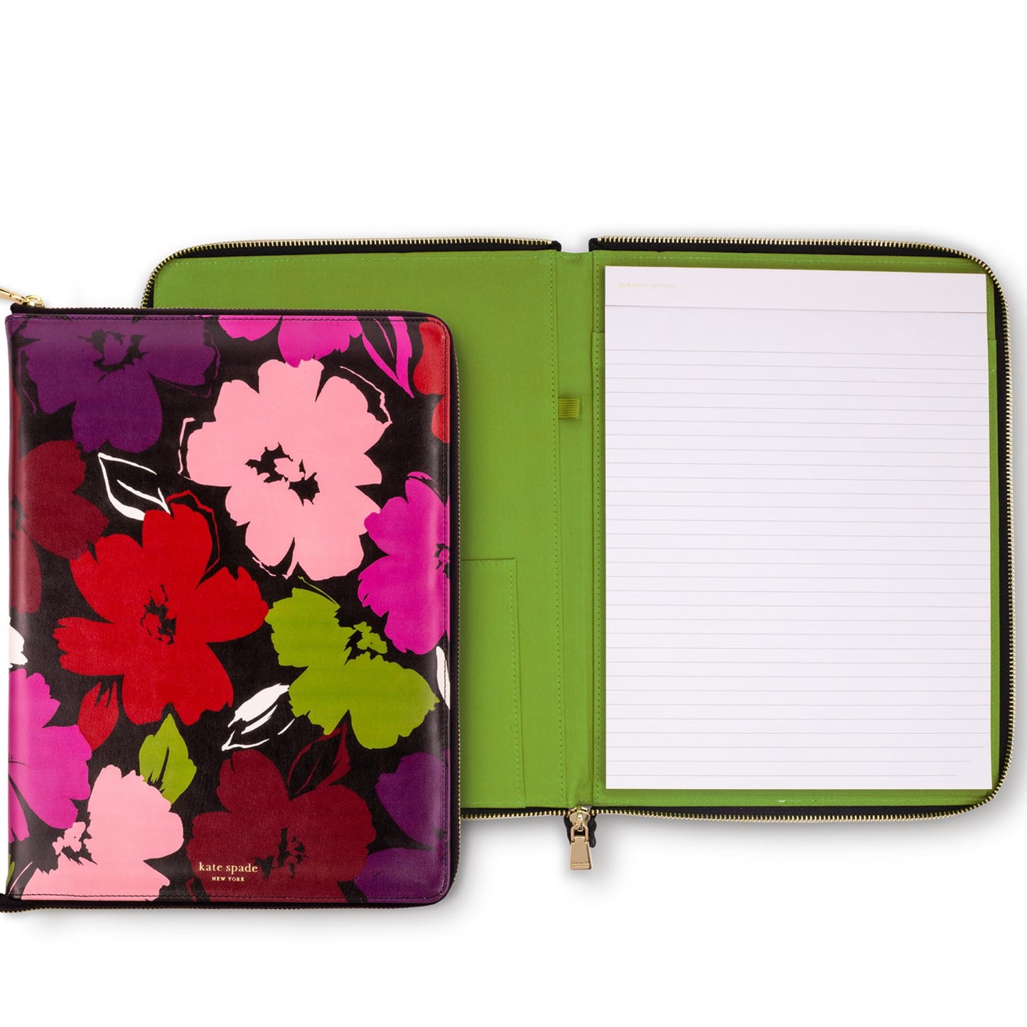 kate spade new york 13.25" x 9.50" Faux Leather Notepad Zip Folio with Interior Pocket, Zipper Close, and Pen Loop (Painterly Blooms)