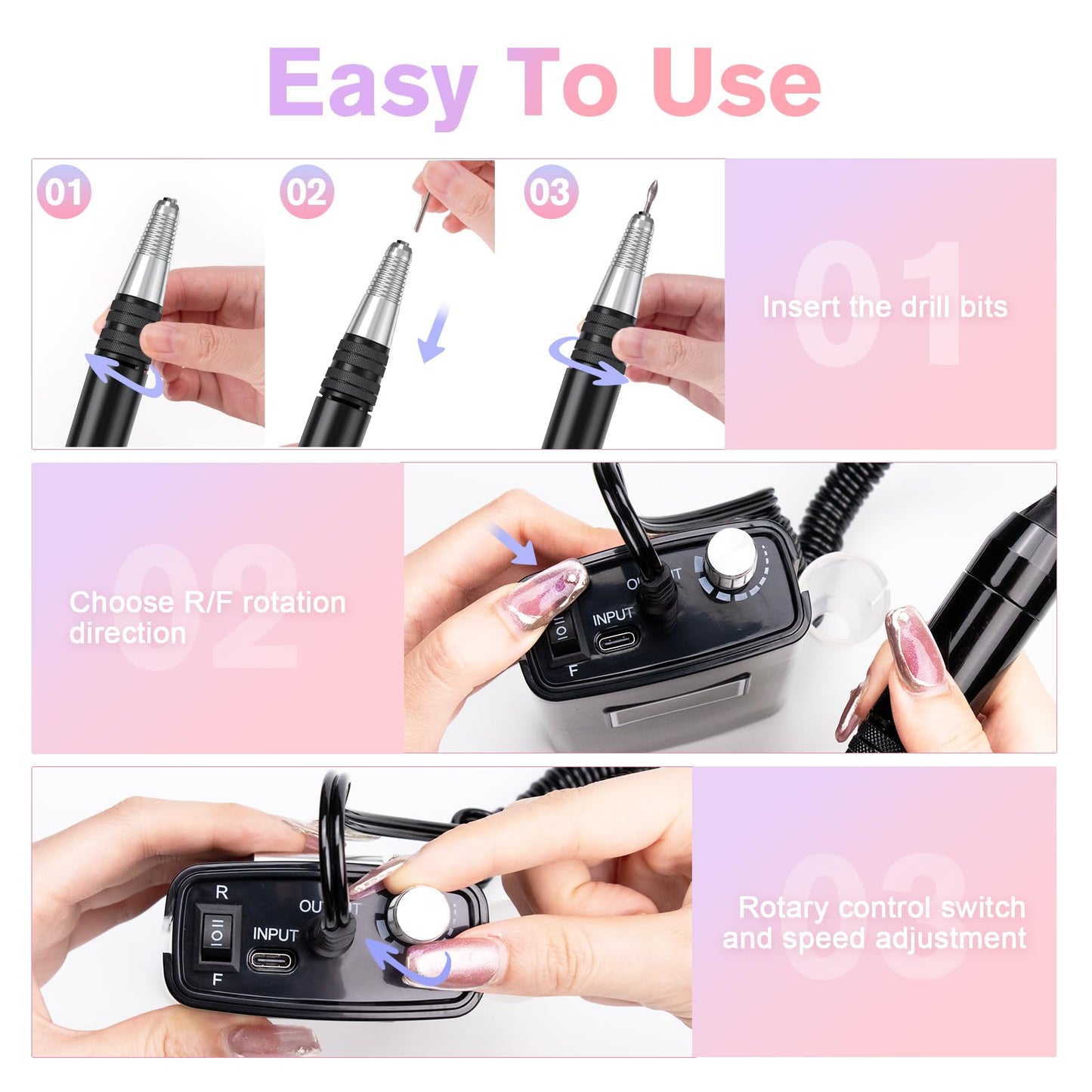 Beloving Portable Nail Drill Professional, 45000RPM Rechargeable Nail Drill Electric File Machine for Acrylic Gel Polish Remover, Cordless Nail Kit for Manicure Pedicure with 11 Bits for Salon Home